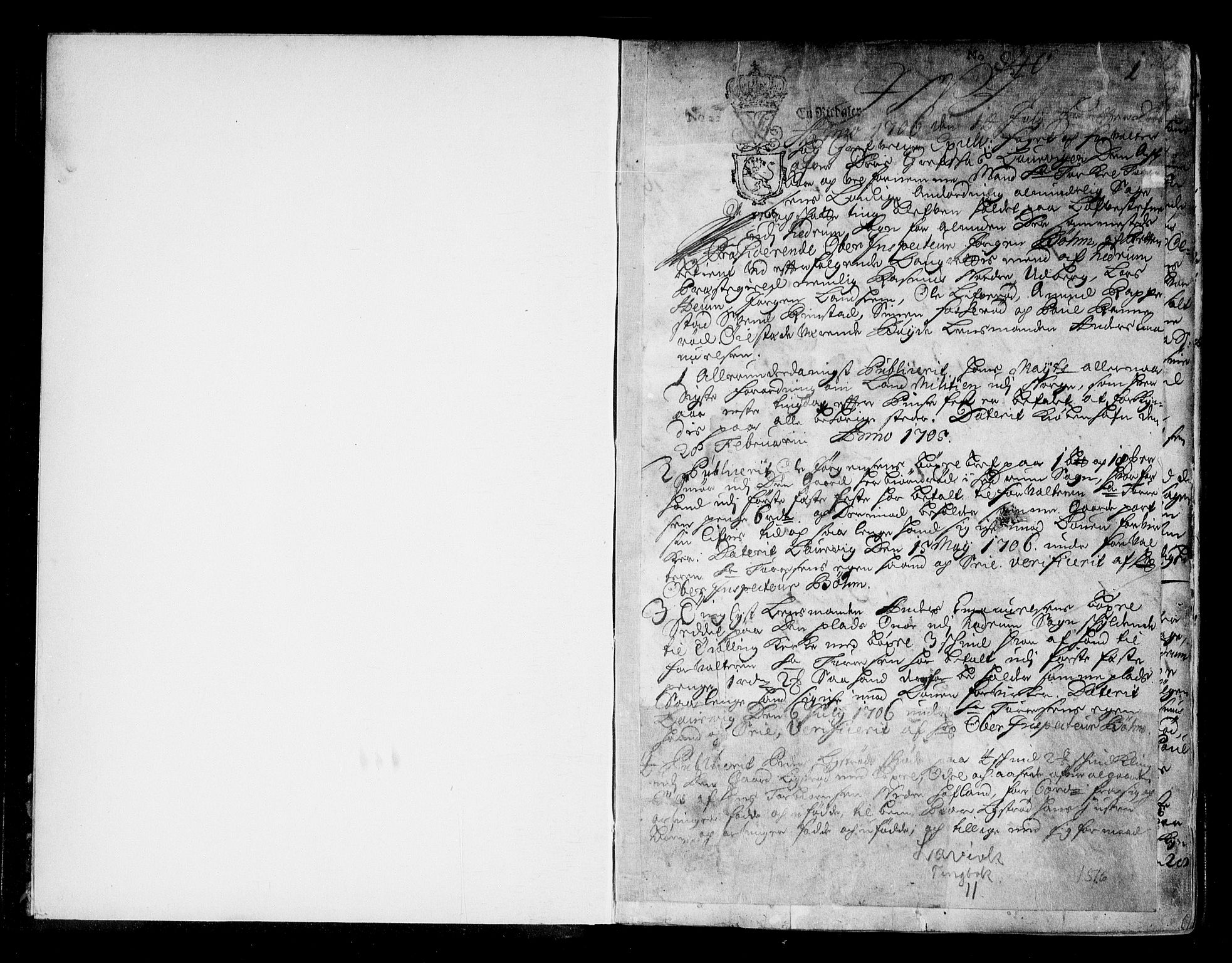 Larvik sorenskriveri, SAKO/A-83/F/Fa/L0011: Tingbok, 1706-1710, s. 1