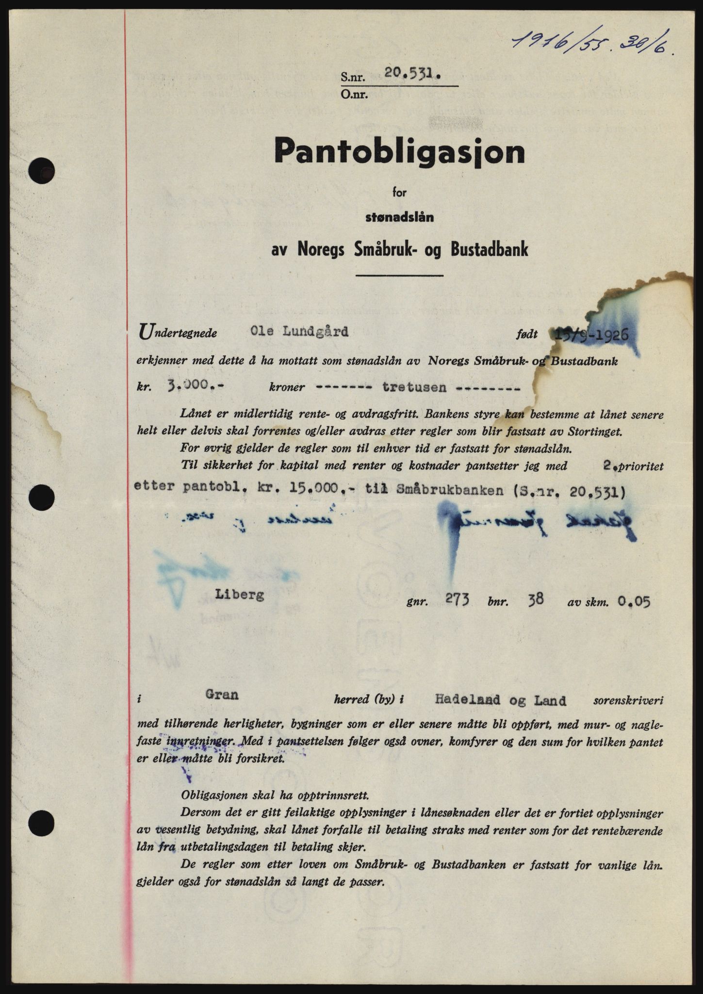 Hadeland og Land tingrett, SAH/TING-010/H/Hb/Hbc/L0032: Pantebok nr. B32, 1955-1955, Dagboknr: 1916/1955