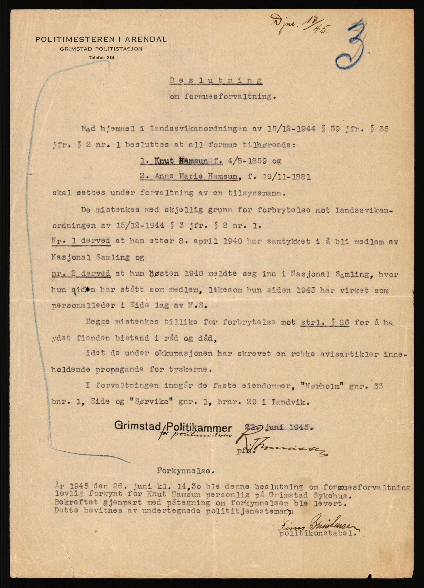 Landssvikarkivet, Arendal politikammer, RA/S-3138-25/D/Dc/L0029: Anr. 192/45, 1945-1951, s. 30