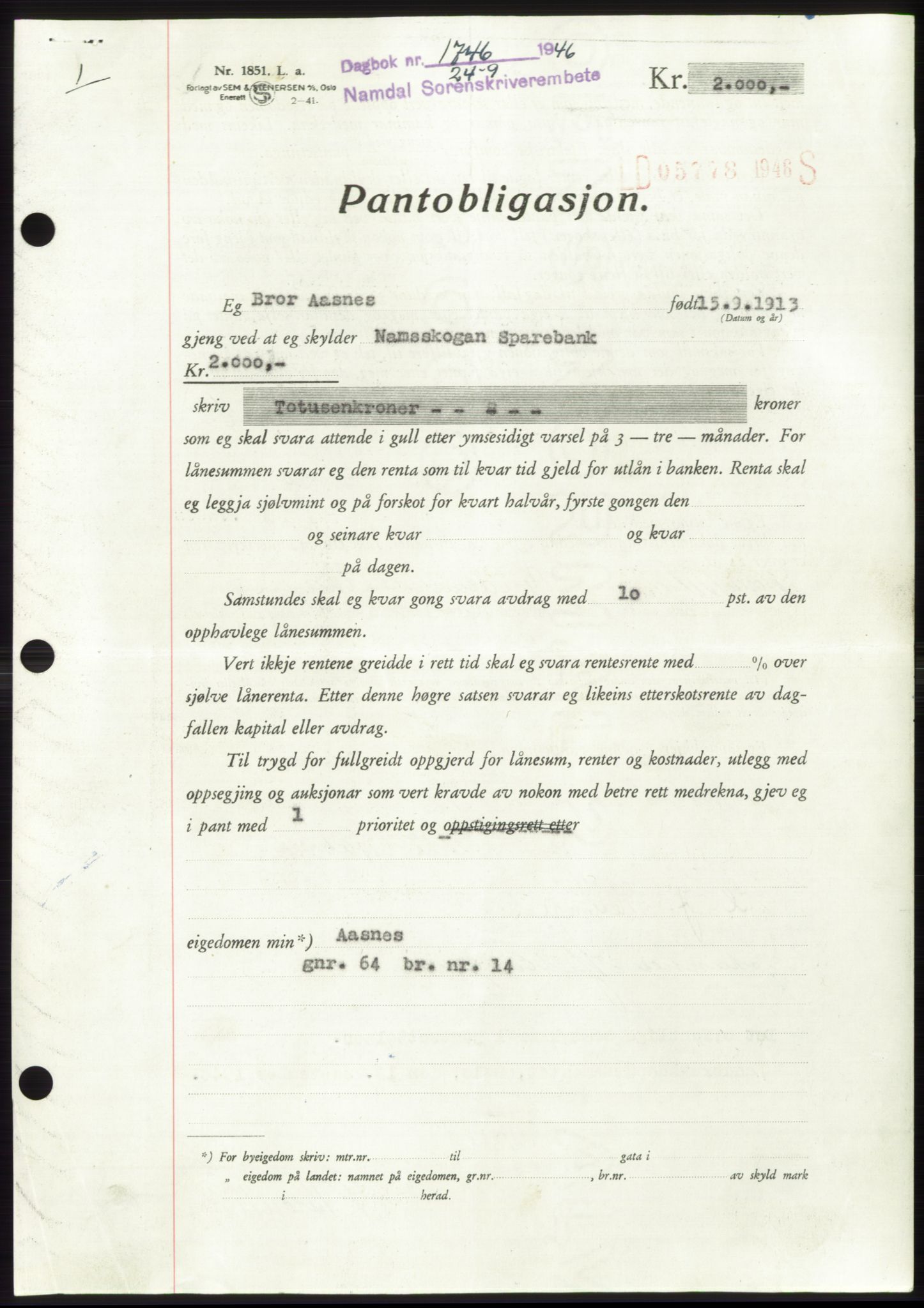 Namdal sorenskriveri, SAT/A-4133/1/2/2C: Pantebok nr. -, 1946-1947, Dagboknr: 1746/1946