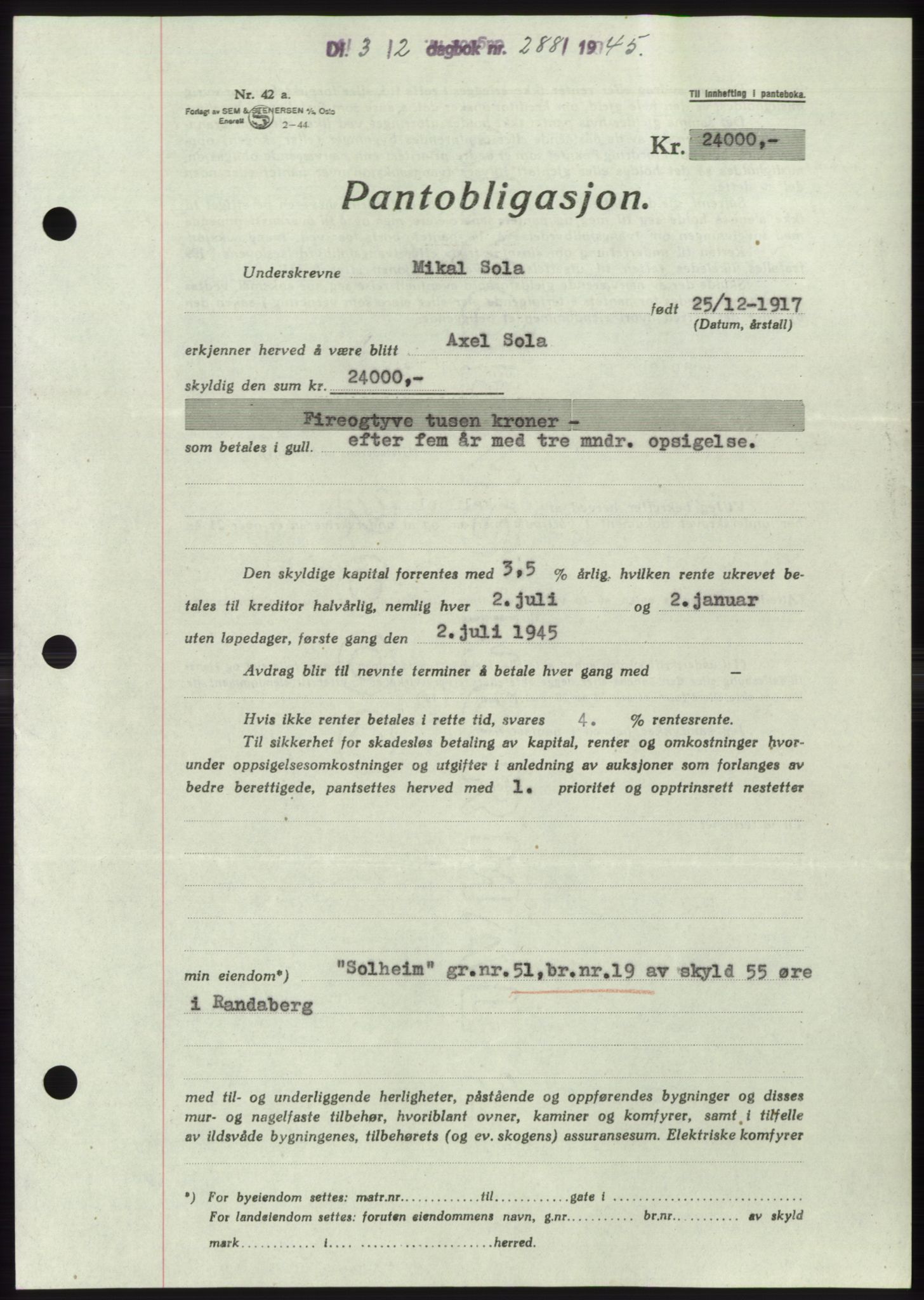 Jæren sorenskriveri, SAST/A-100310/03/G/Gba/L0087: Pantebok, 1944-1945, Dagboknr: 288/1945