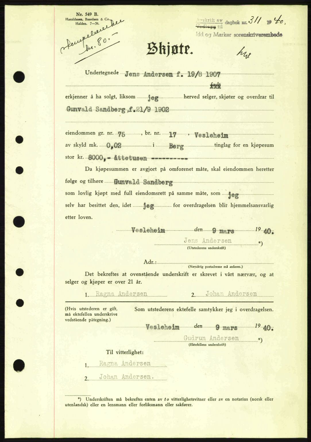 Idd og Marker sorenskriveri, AV/SAO-A-10283/G/Gb/Gbb/L0004: Pantebok nr. A4, 1940-1941, Dagboknr: 311/1940