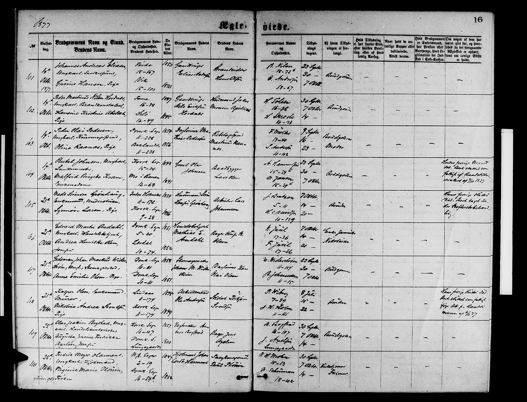 Domkirken sokneprestembete, AV/SAB-A-74801/H/Hab/L0031: Klokkerbok nr. D 3, 1877-1880, s. 16