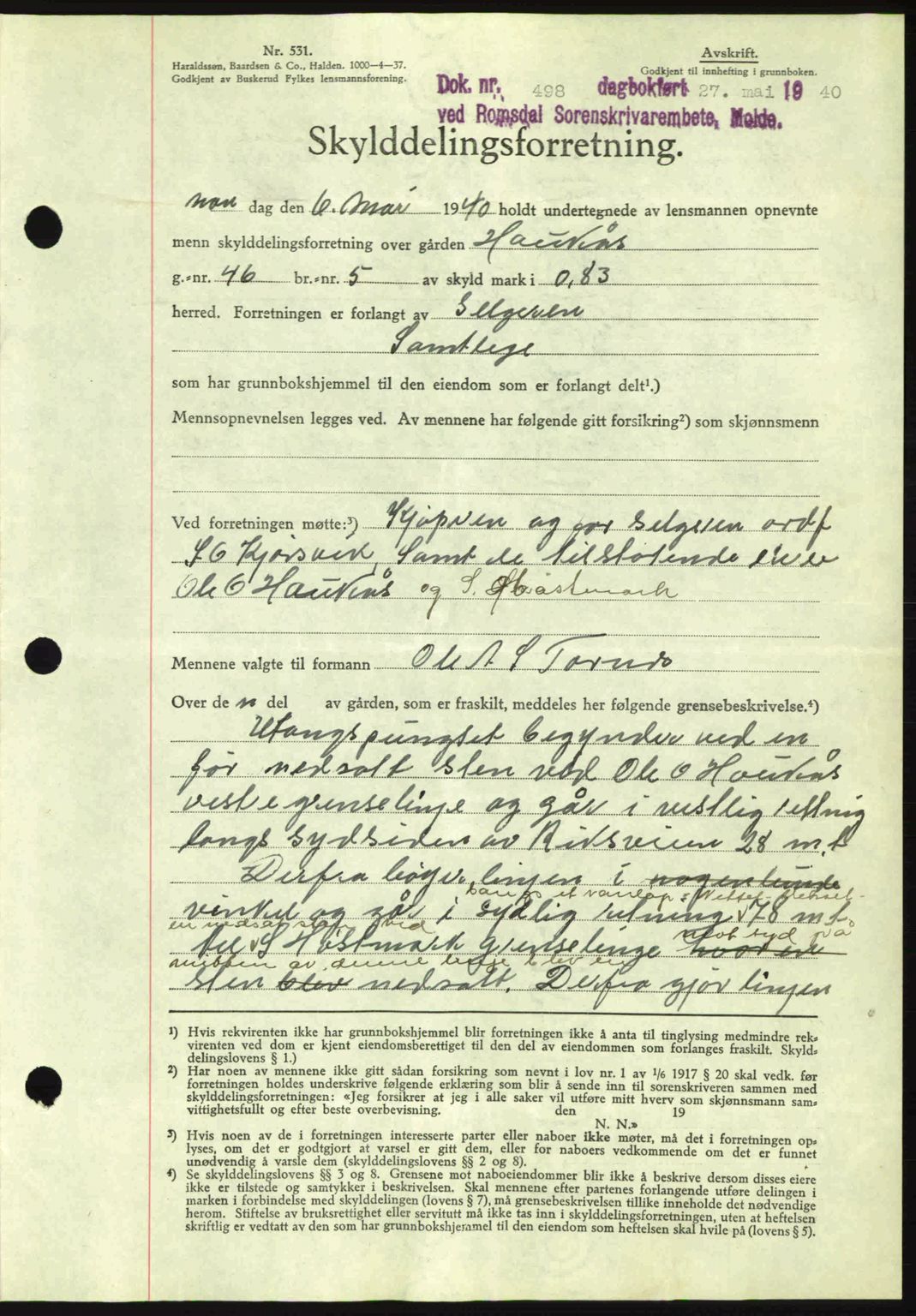 Romsdal sorenskriveri, AV/SAT-A-4149/1/2/2C: Pantebok nr. A8, 1939-1940, Dagboknr: 498/1940