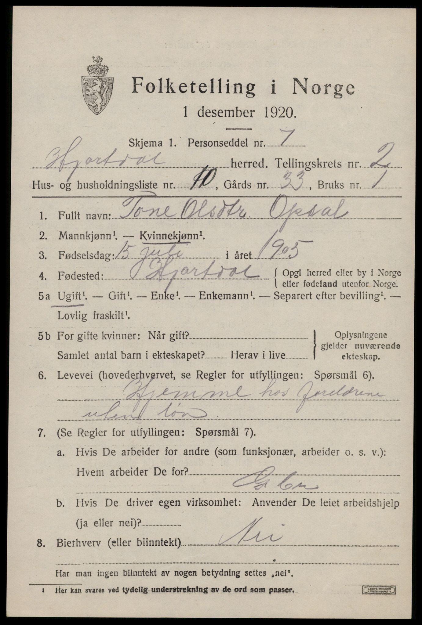 SAKO, Folketelling 1920 for 0827 Hjartdal herred, 1920, s. 1942