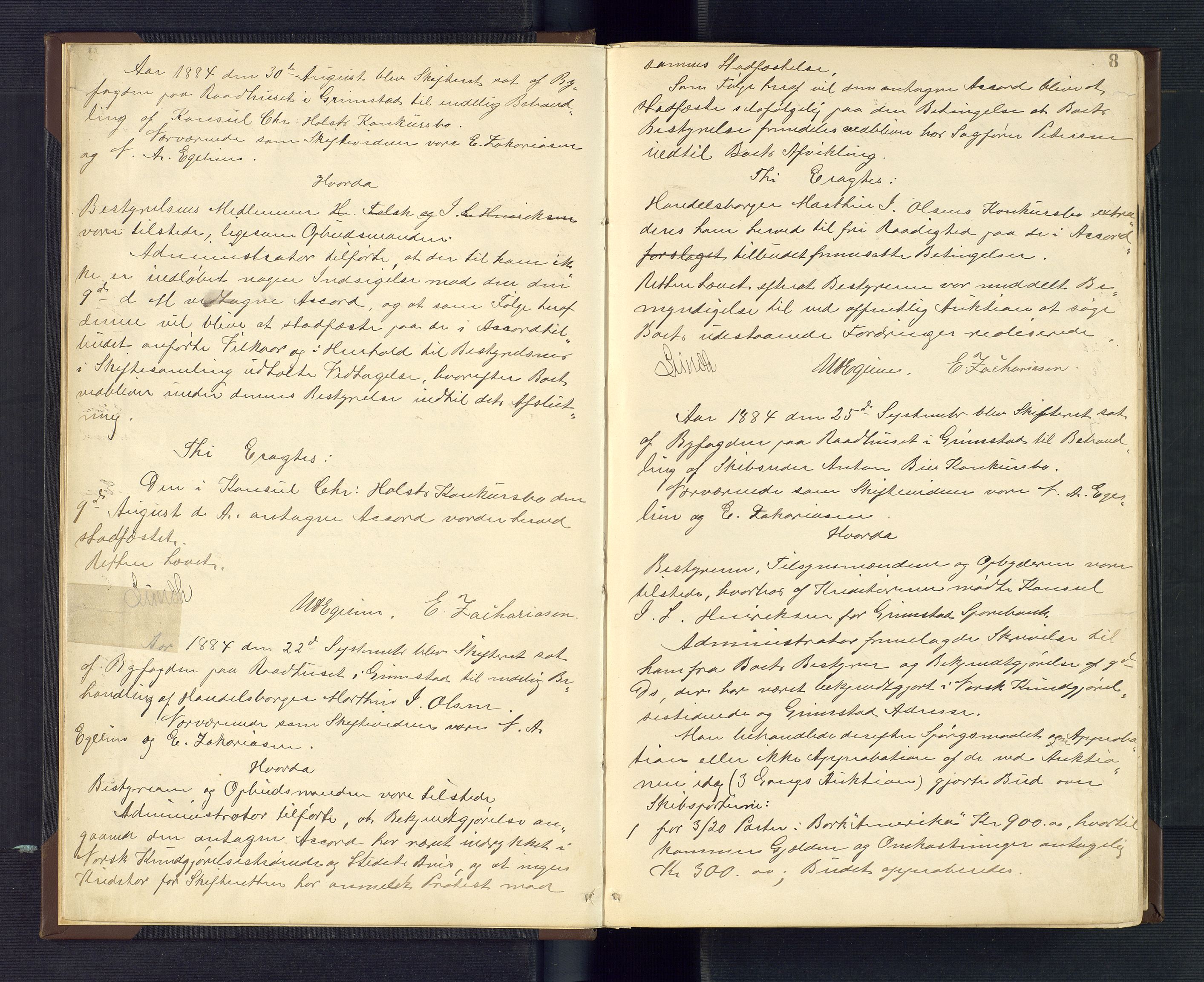 Grimstad byfogd, AV/SAK-1222-0003/H/Hc/L0005: Skifteprotokoll nr. 5, 1884-1897, s. 8