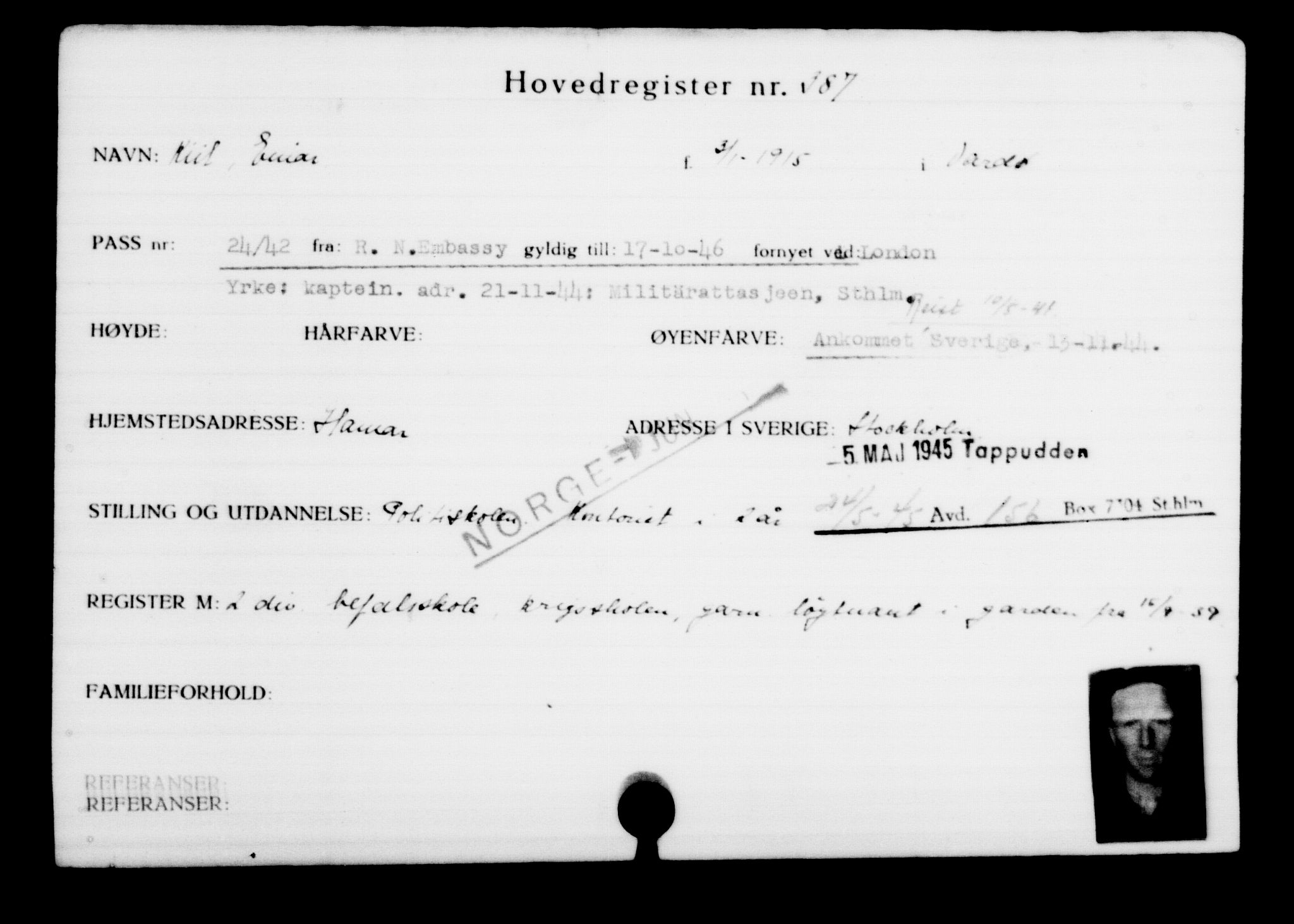 Utenriksstasjonene, Legasjonen i Stockholm, Flyktningkontoret, AV/RA-S-6753/V/Va/L0001: Kjesäterkartoteket, flyktninger med registreringsnr. 1-1000, 1940-1945, s. 609