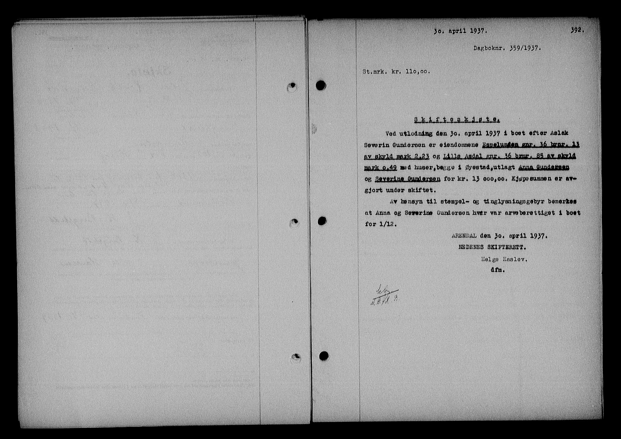Nedenes sorenskriveri, SAK/1221-0006/G/Gb/Gba/L0043: Pantebok nr. 39, 1936-1937, Dagboknr: 359/1937
