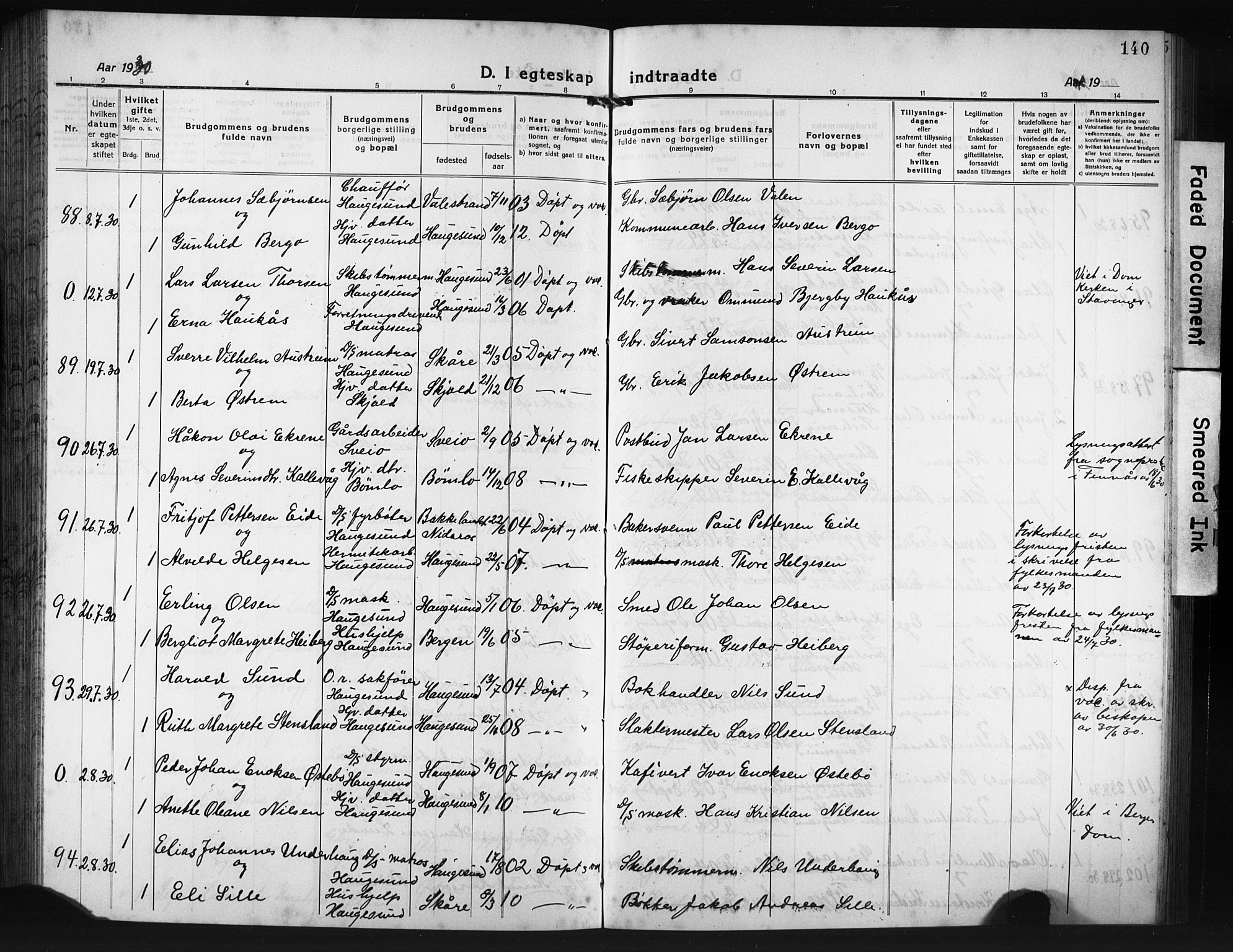 Haugesund sokneprestkontor, AV/SAST-A -101863/H/Ha/Hab/L0010: Klokkerbok nr. B 10, 1920-1931, s. 140