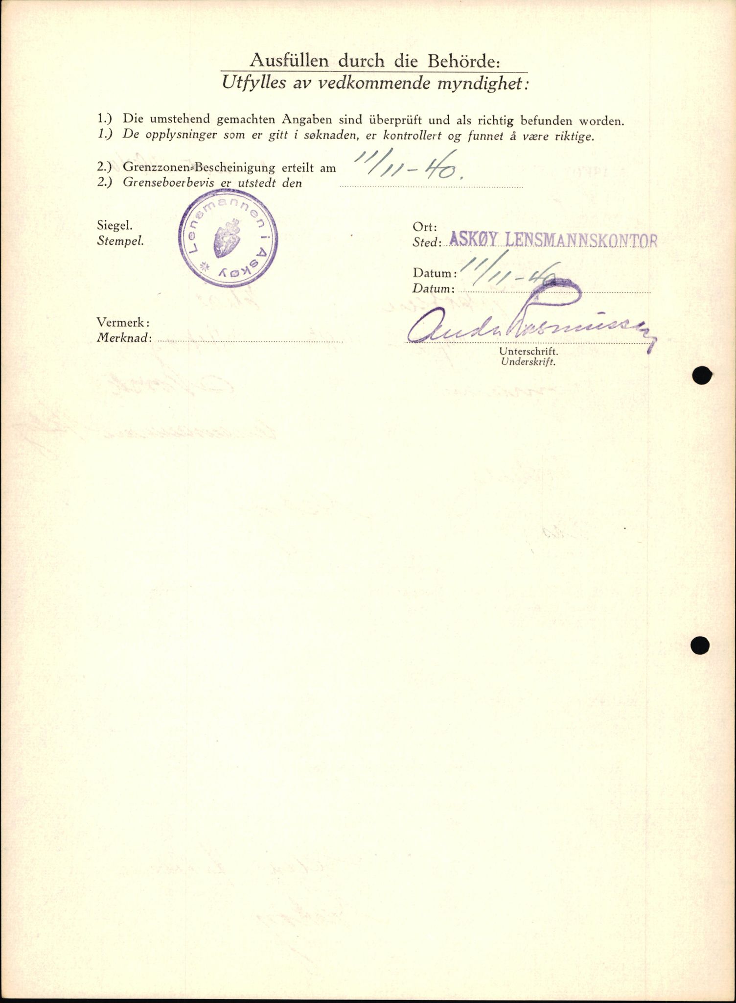 Lensmannen i Askøy, AV/SAB-A-31001/0026/L0008: Søknader om grensebuarbevis 2126 - 2550, 1940, s. 812