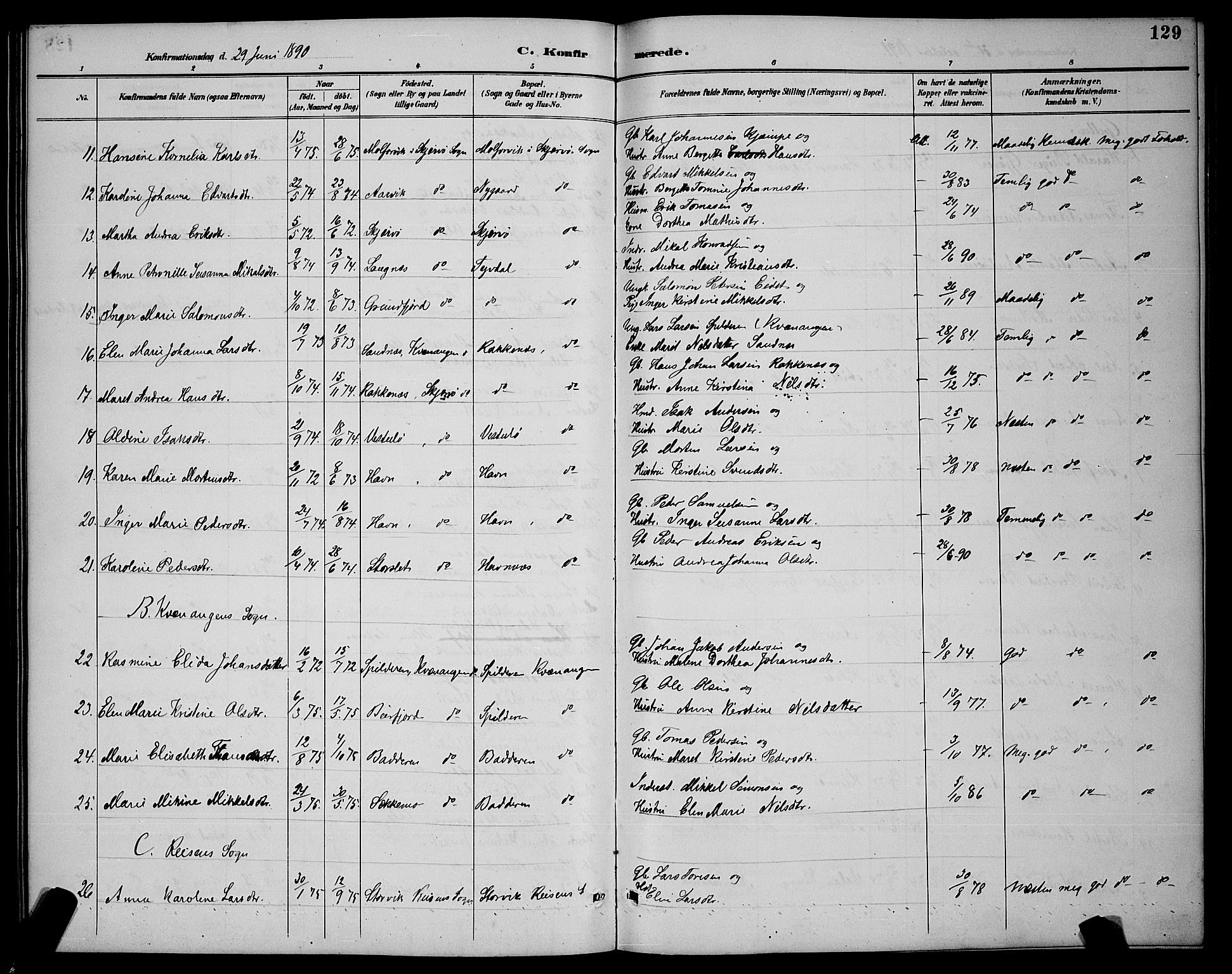 Skjervøy sokneprestkontor, AV/SATØ-S-1300/H/Ha/Hab/L0007klokker: Klokkerbok nr. 7, 1889-1899, s. 129