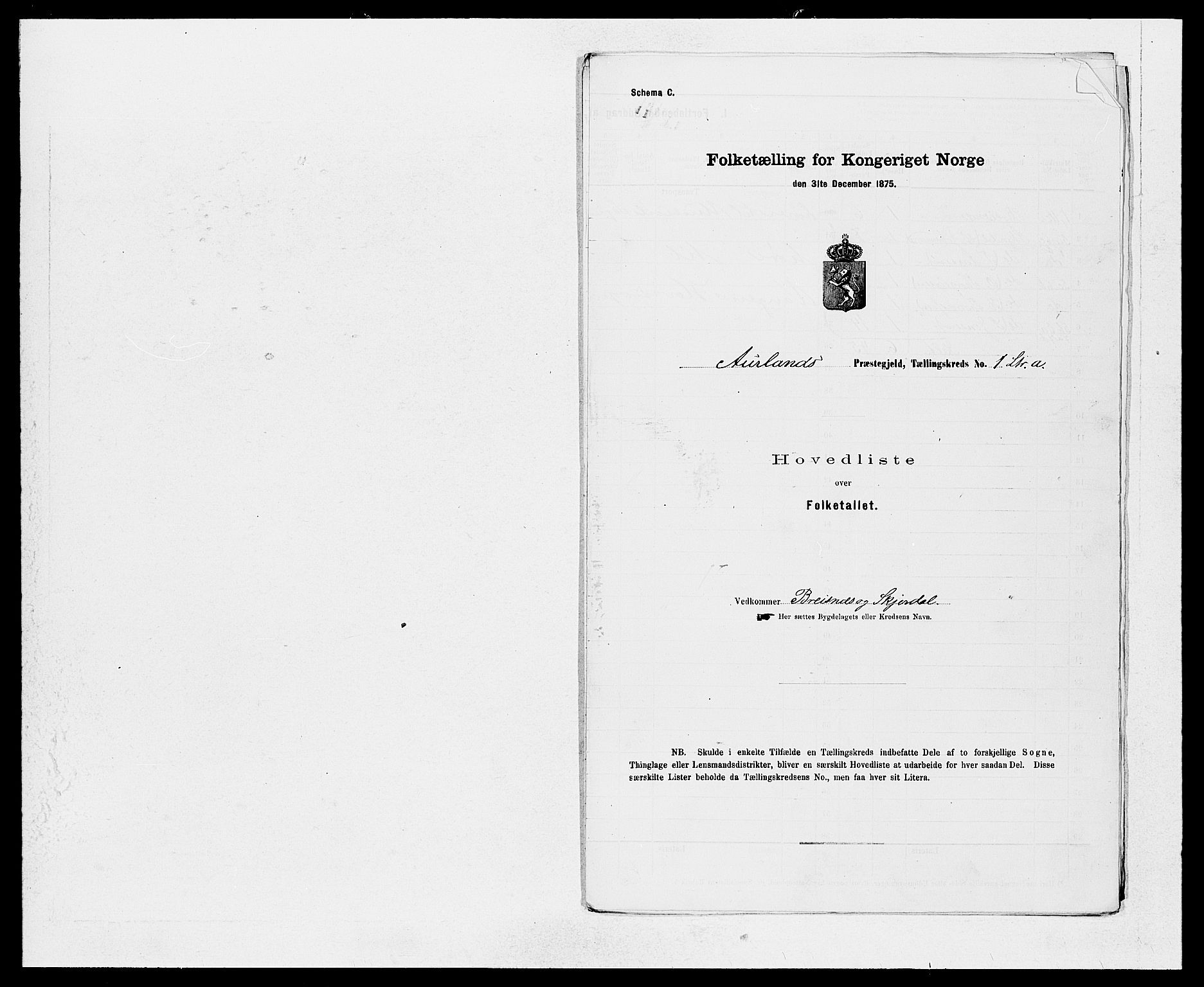 SAB, Folketelling 1875 for 1421P Aurland prestegjeld, 1875, s. 2