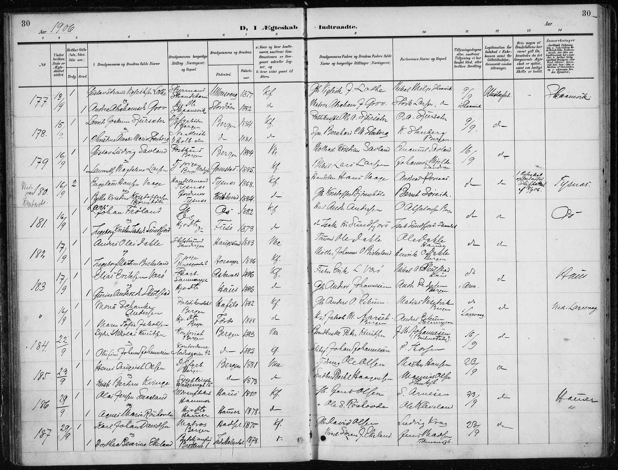 Nykirken Sokneprestembete, AV/SAB-A-77101/H/Haa/L0035: Ministerialbok nr. D 5, 1905-1913, s. 30