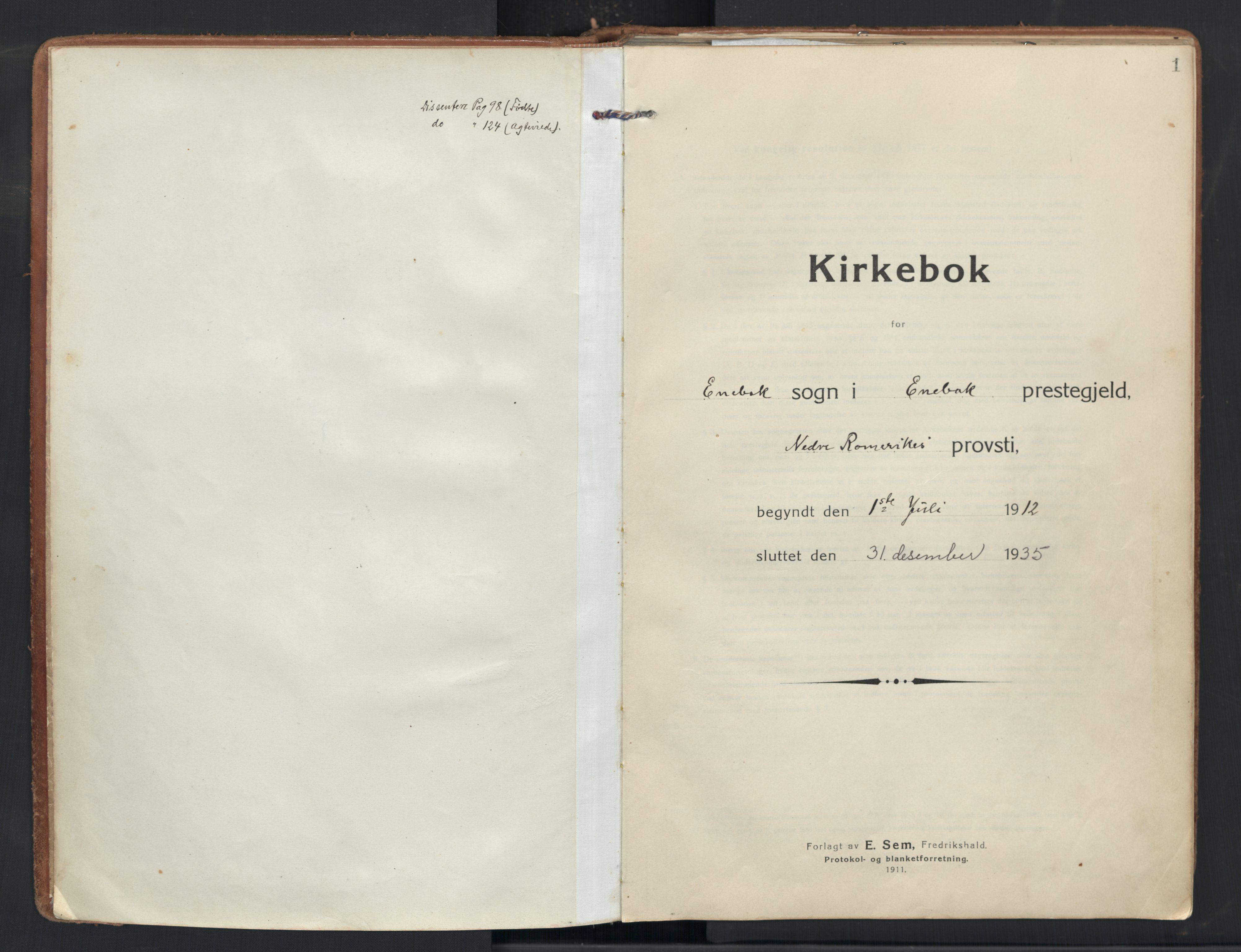 Enebakk prestekontor Kirkebøker, AV/SAO-A-10171c/F/Fa/L0019: Ministerialbok nr. I 19, 1912-1935, s. 1