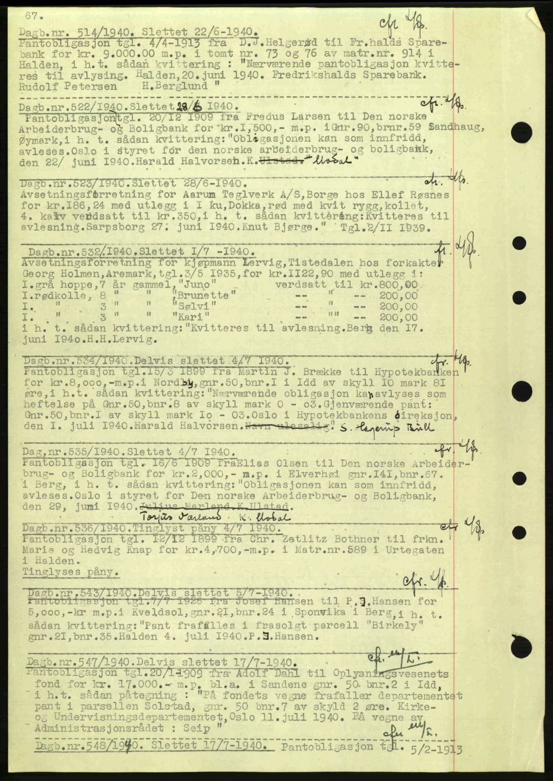 Idd og Marker sorenskriveri, AV/SAO-A-10283/G/Gb/Gbc/L0002: Pantebok nr. B4-9a, 1939-1945, Dagboknr: 514/1940