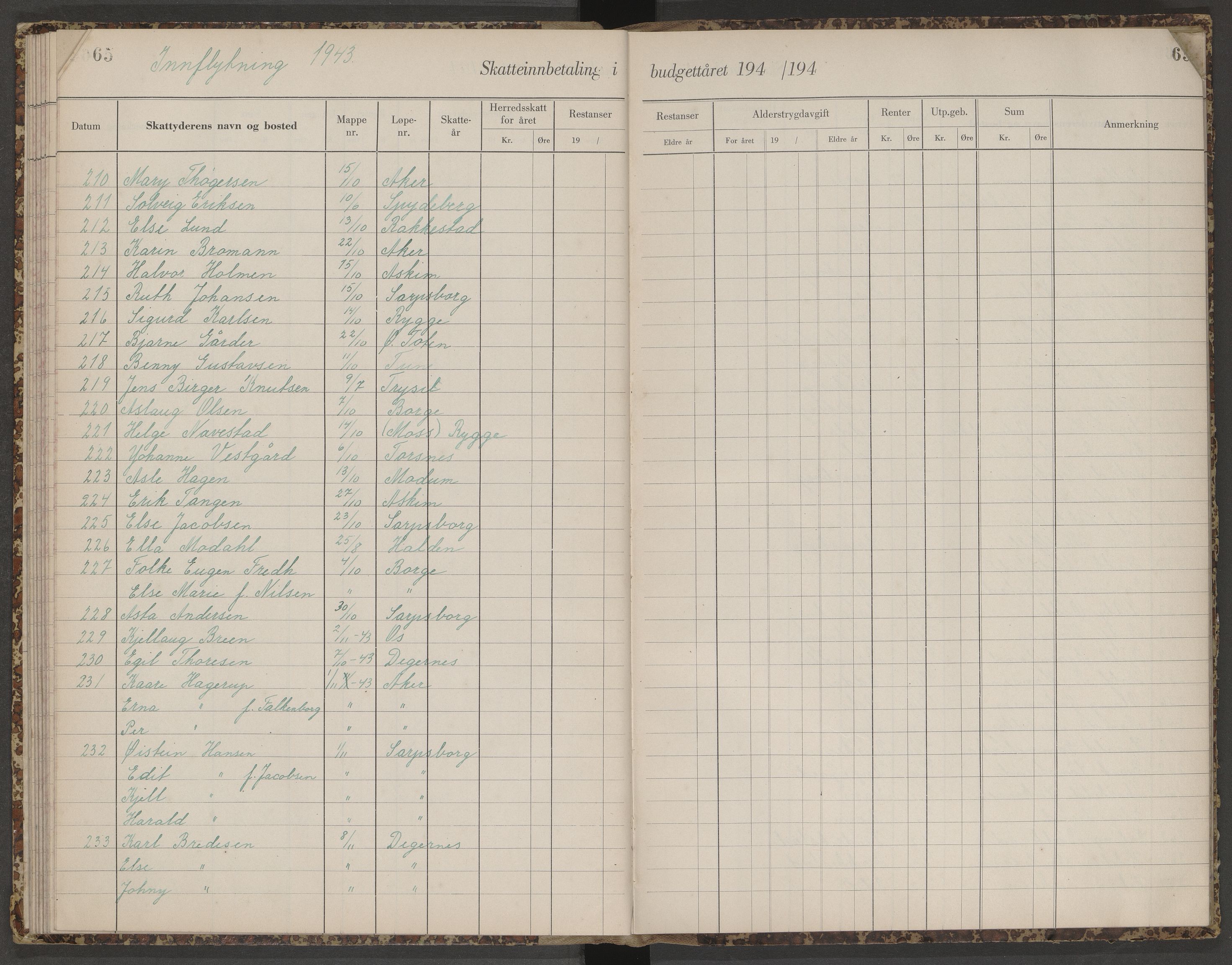 Skjeberg folkeregister, AV/SAO-A-10495/K/Ka/L0003: Fortegnelse over inn- og utflyttede, 1943-1947, s. 65