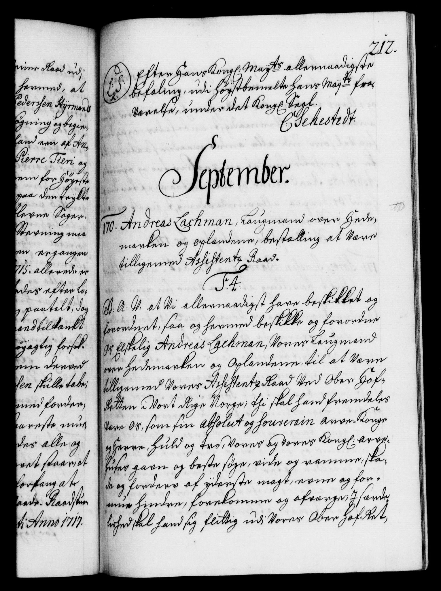 Danske Kanselli 1572-1799, AV/RA-EA-3023/F/Fc/Fca/Fcaa/L0022: Norske registre, 1716-1719, s. 212a