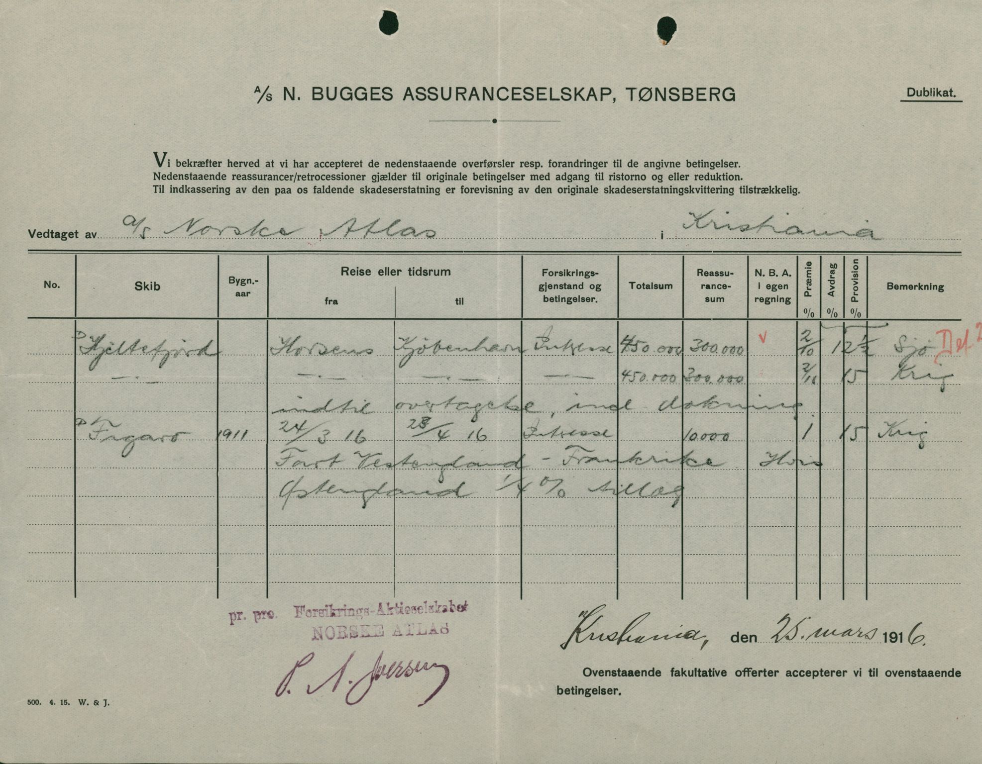 Pa 664 - Tønsberg Sjøforsikringsselskap, VEMU/A-1773/F/L0001: Forsikringspoliser, 1915-1918