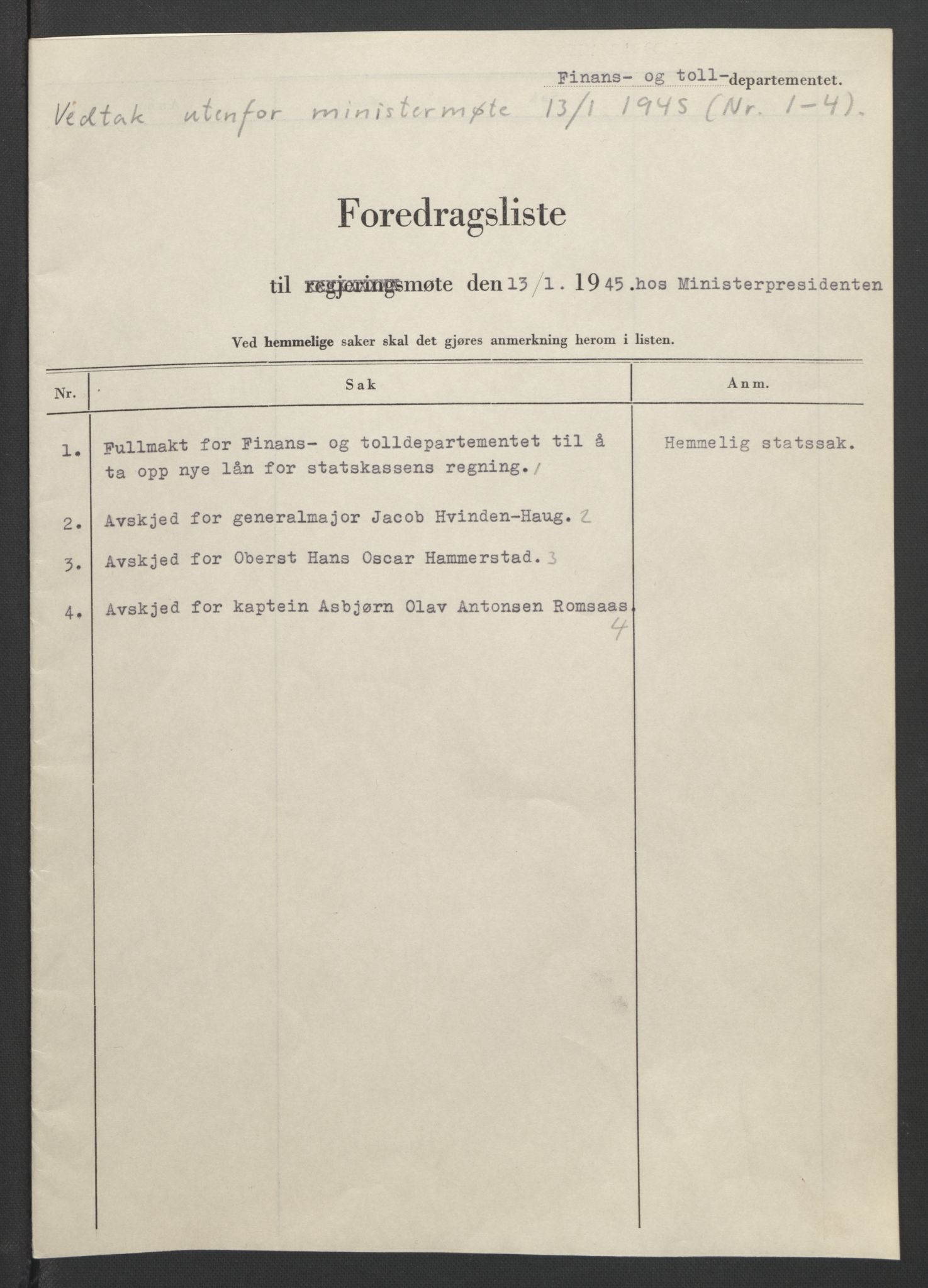 NS-administrasjonen 1940-1945 (Statsrådsekretariatet, de kommisariske statsråder mm), RA/S-4279/D/Db/L0090: Foredrag til vedtak utenfor ministermøte, 1942-1945, s. 591