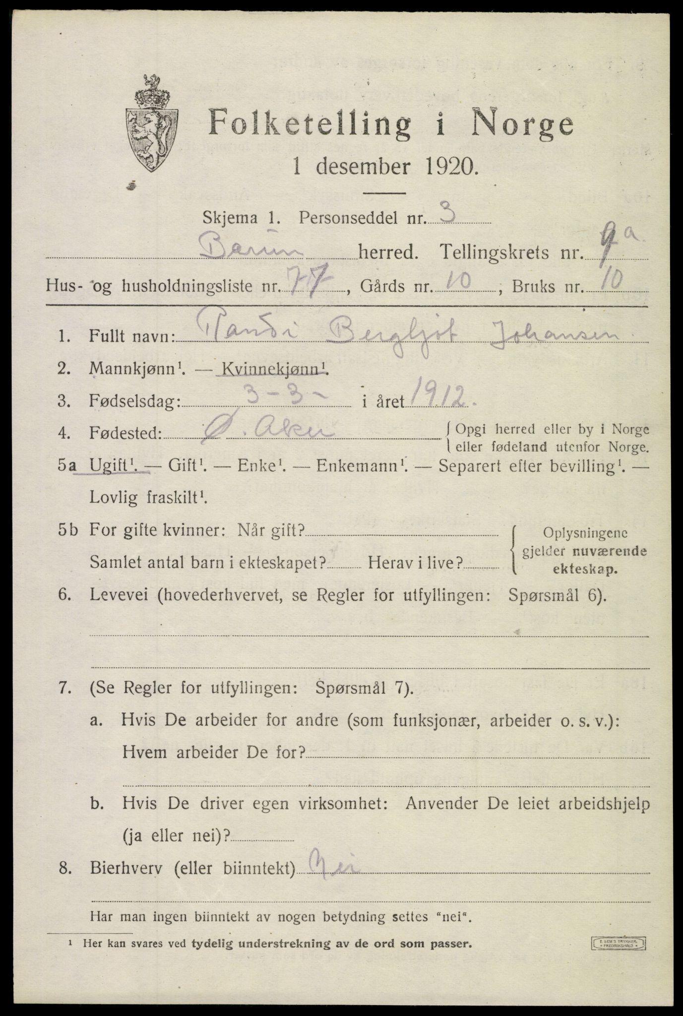 SAO, Folketelling 1920 for 0219 Bærum herred, 1920, s. 20006