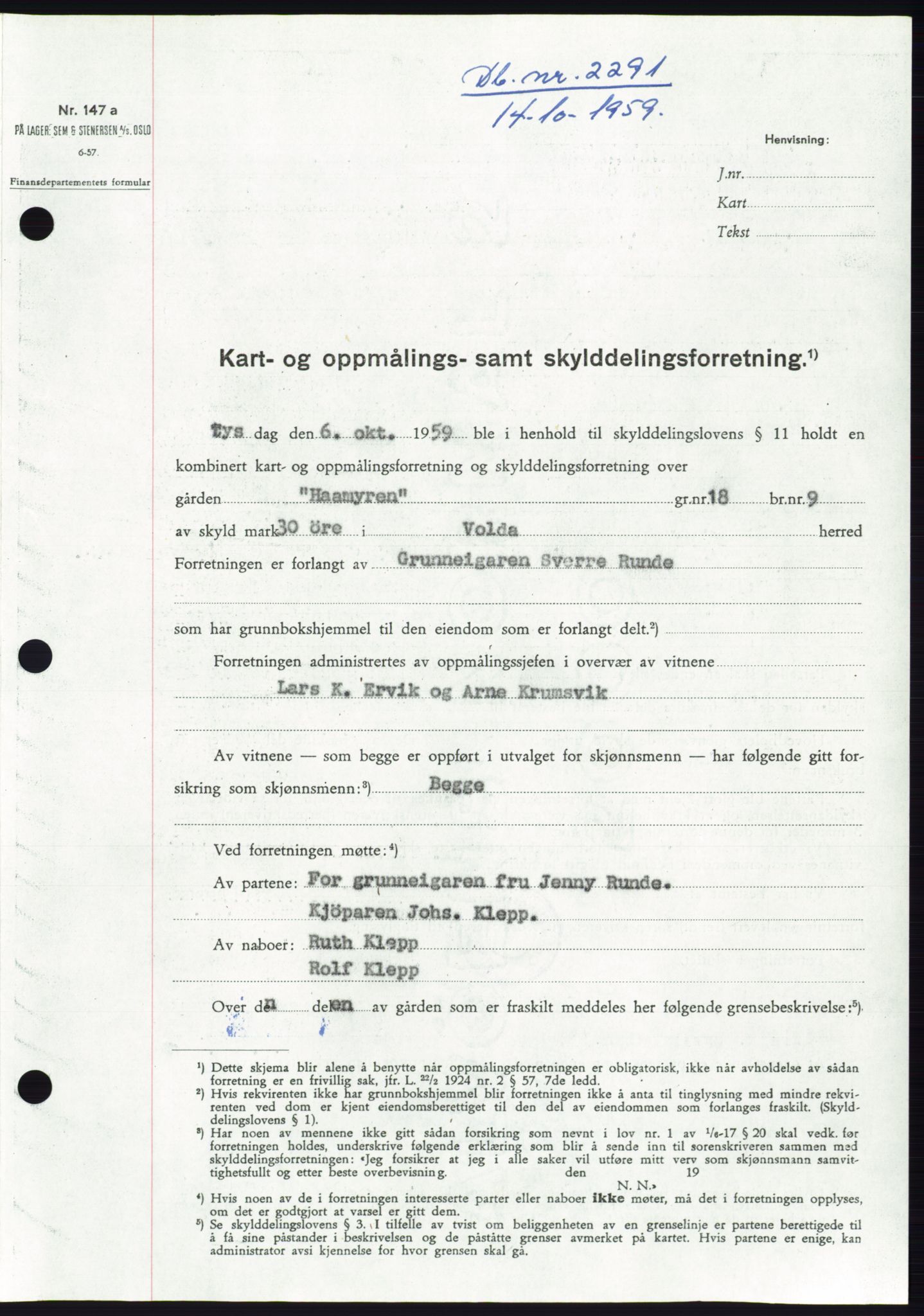 Søre Sunnmøre sorenskriveri, SAT/A-4122/1/2/2C/L0113: Pantebok nr. 39A, 1959-1959, Dagboknr: 2291/1959