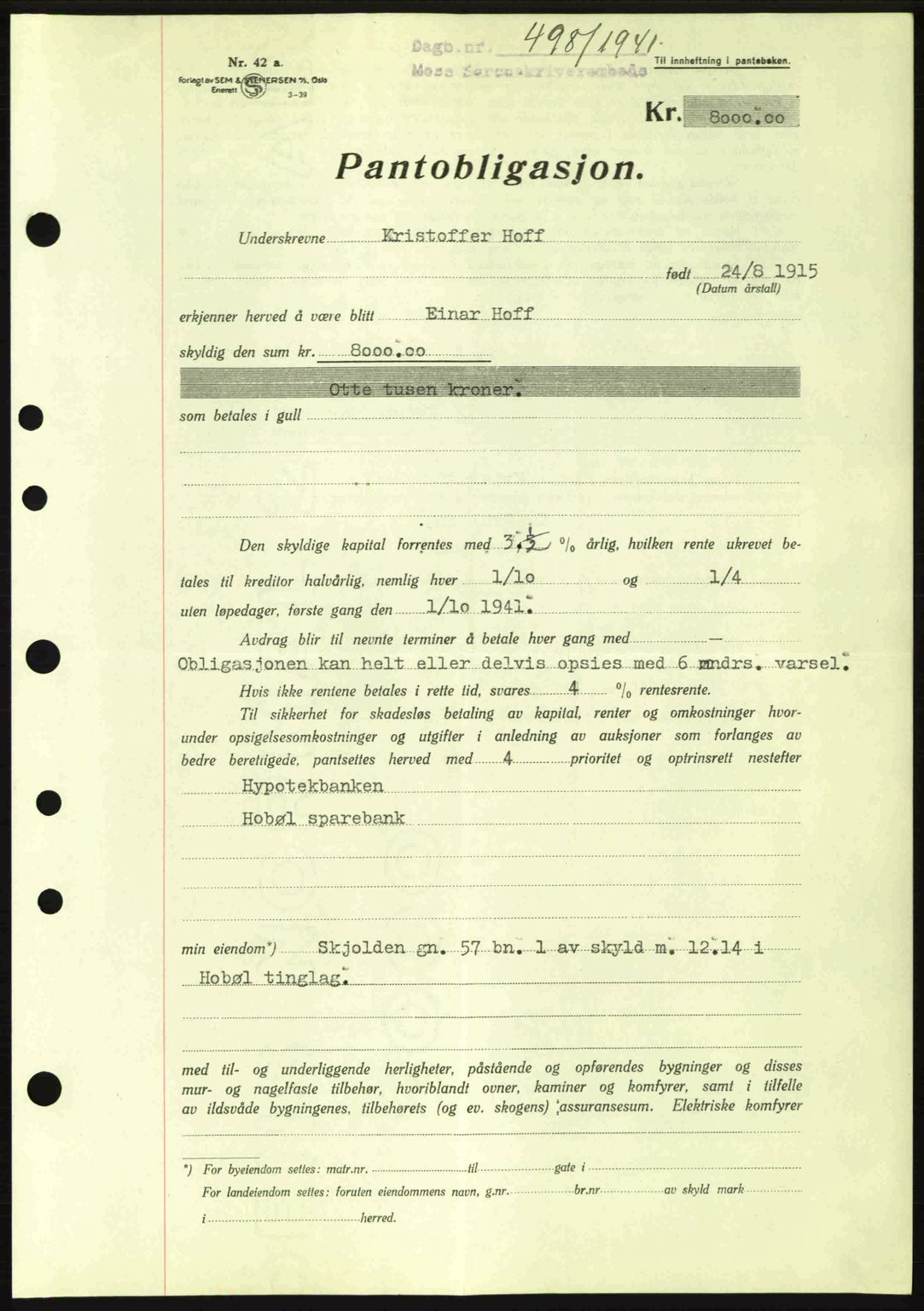 Moss sorenskriveri, SAO/A-10168: Pantebok nr. B10, 1940-1941, Dagboknr: 498/1941