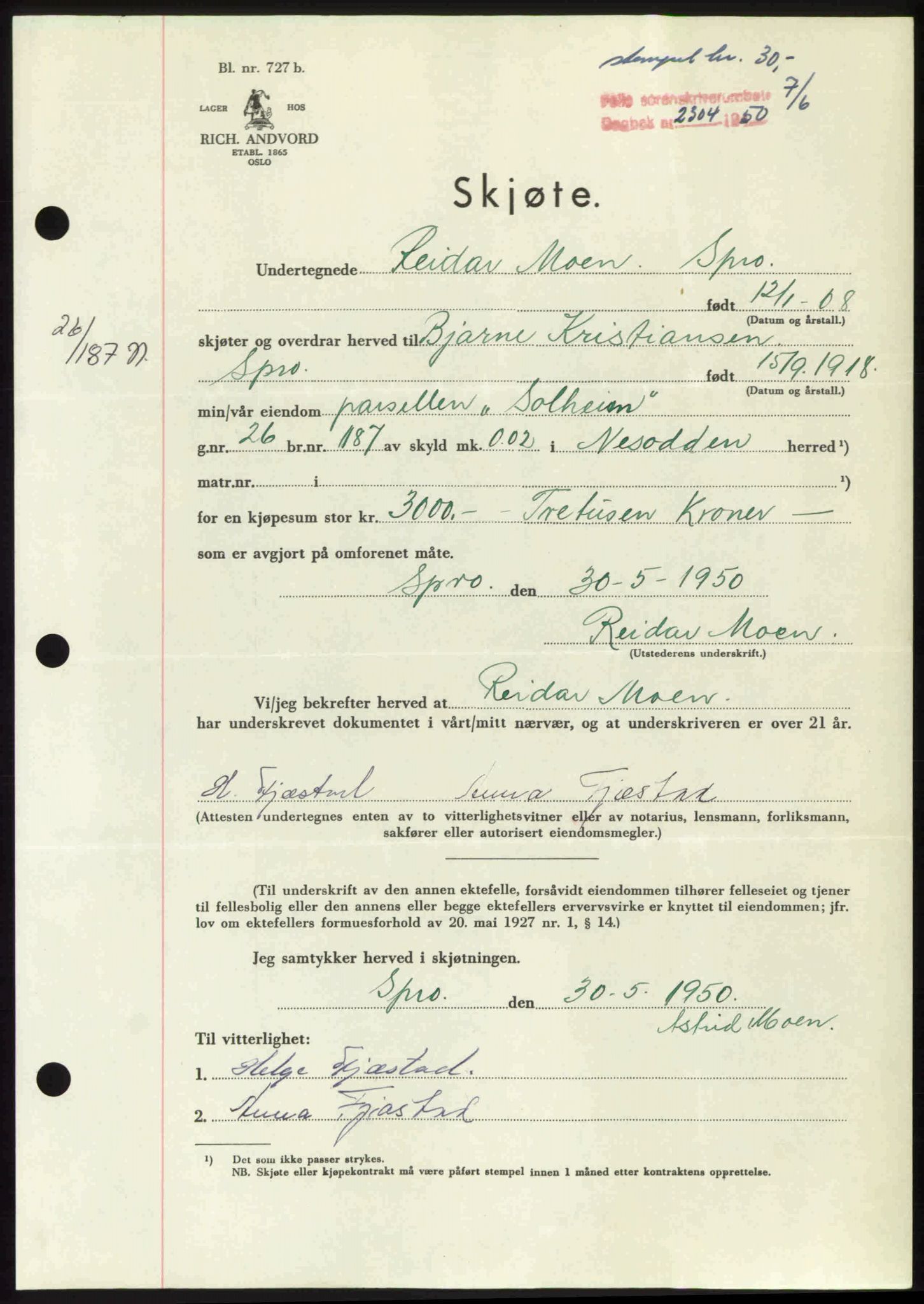 Follo sorenskriveri, SAO/A-10274/G/Ga/Gaa/L0092: Pantebok nr. I 92, 1950-1950, Dagboknr: 2304/1950