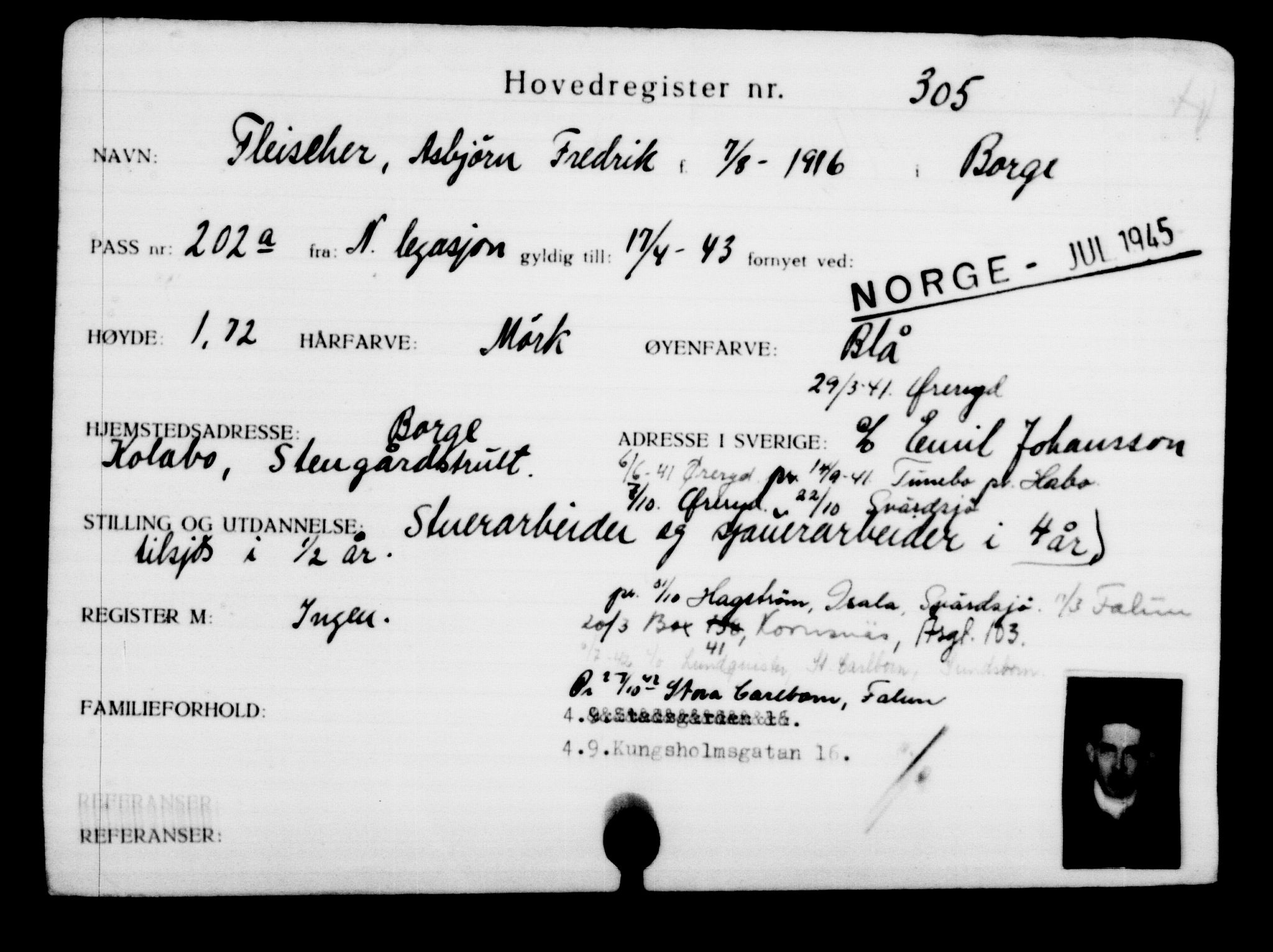 Utenriksstasjonene, Legasjonen i Stockholm, Flyktningkontoret, AV/RA-S-6753/V/Va/L0001: Kjesäterkartoteket, flyktninger med registreringsnr. 1-1000, 1940-1945, s. 486