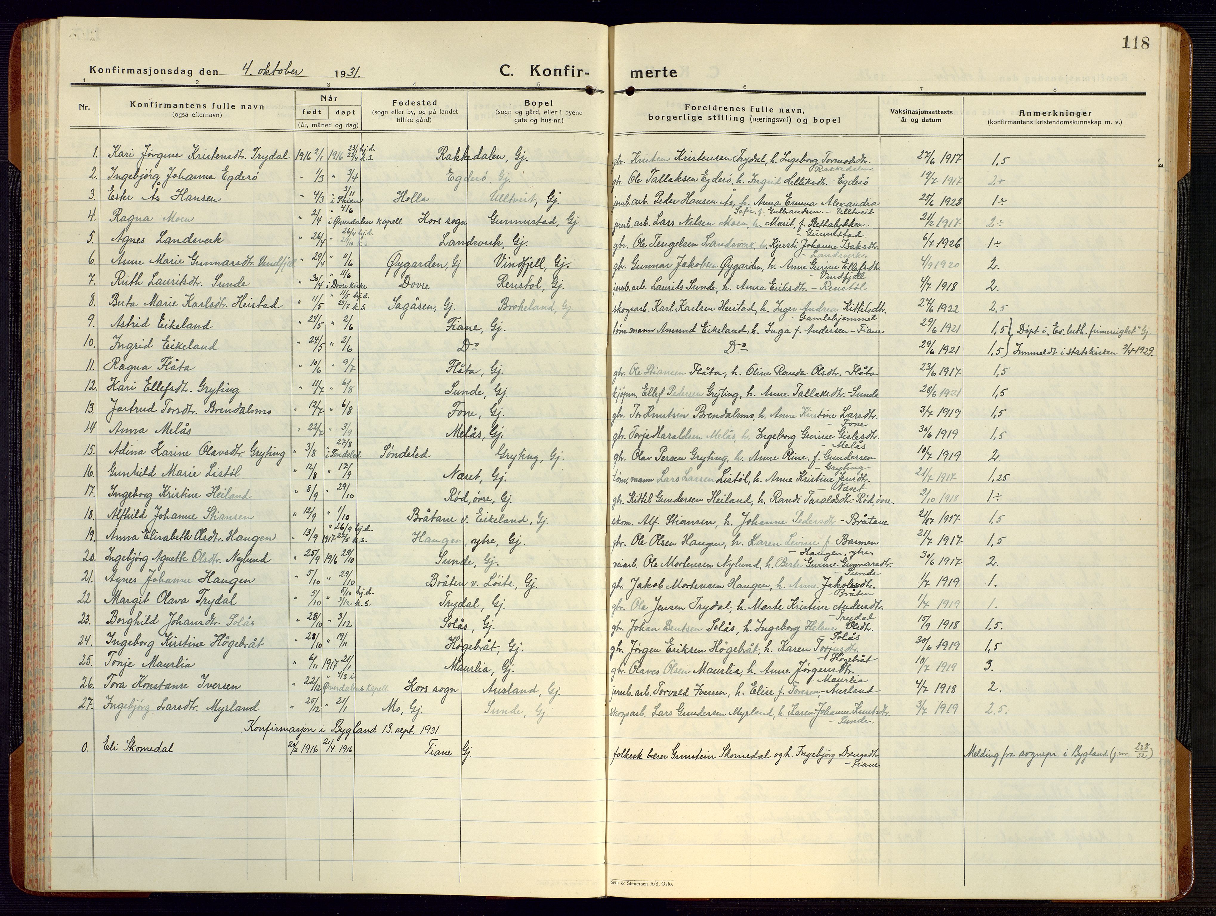 Gjerstad sokneprestkontor, AV/SAK-1111-0014/F/Fb/Fba/L0009: Klokkerbok nr. B 9, 1925-1946, s. 118