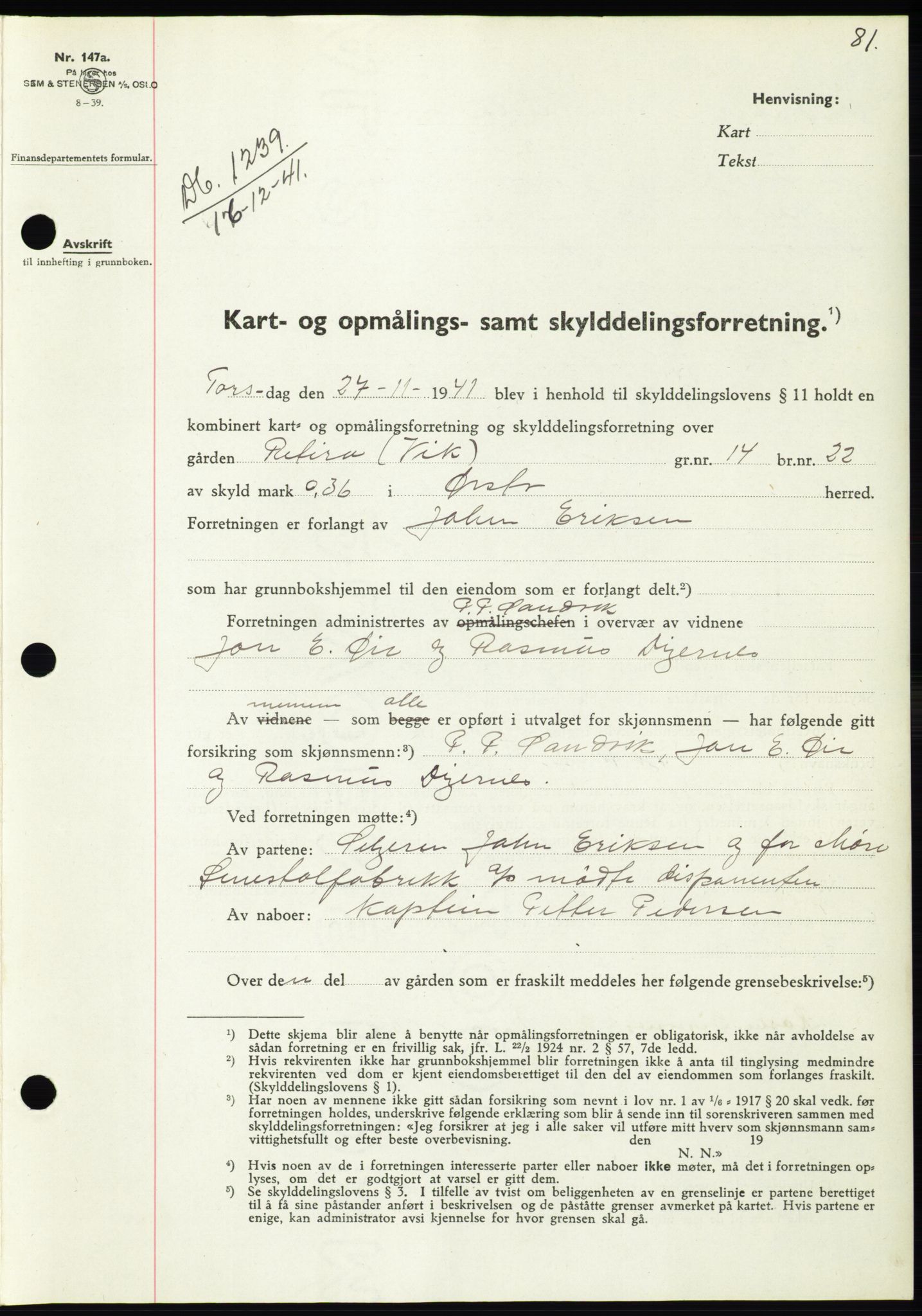 Søre Sunnmøre sorenskriveri, SAT/A-4122/1/2/2C/L0073: Pantebok nr. 67, 1941-1942, Dagboknr: 1239/1941