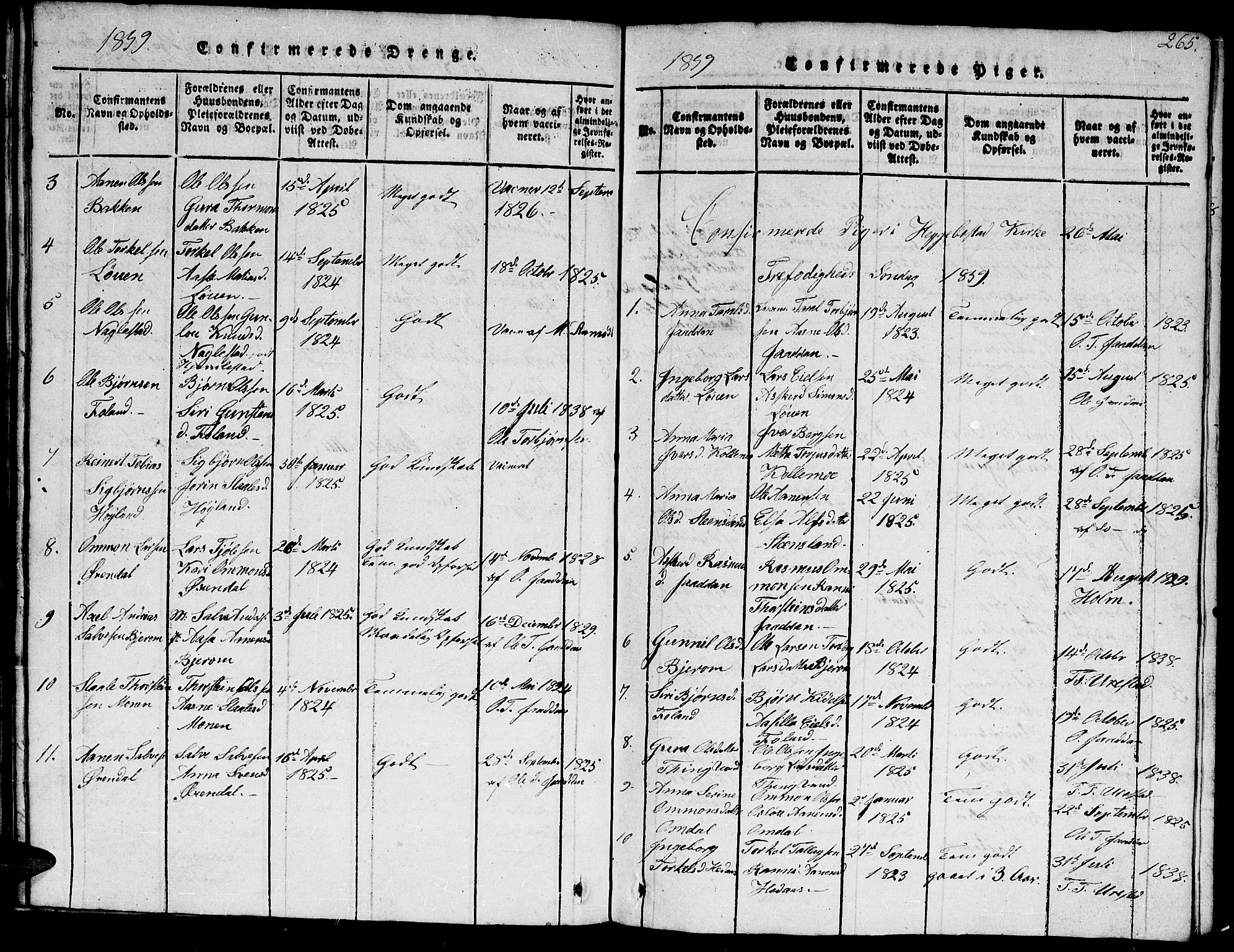 Hægebostad sokneprestkontor, AV/SAK-1111-0024/F/Fb/Fba/L0001: Klokkerbok nr. B 1, 1815-1844, s. 265