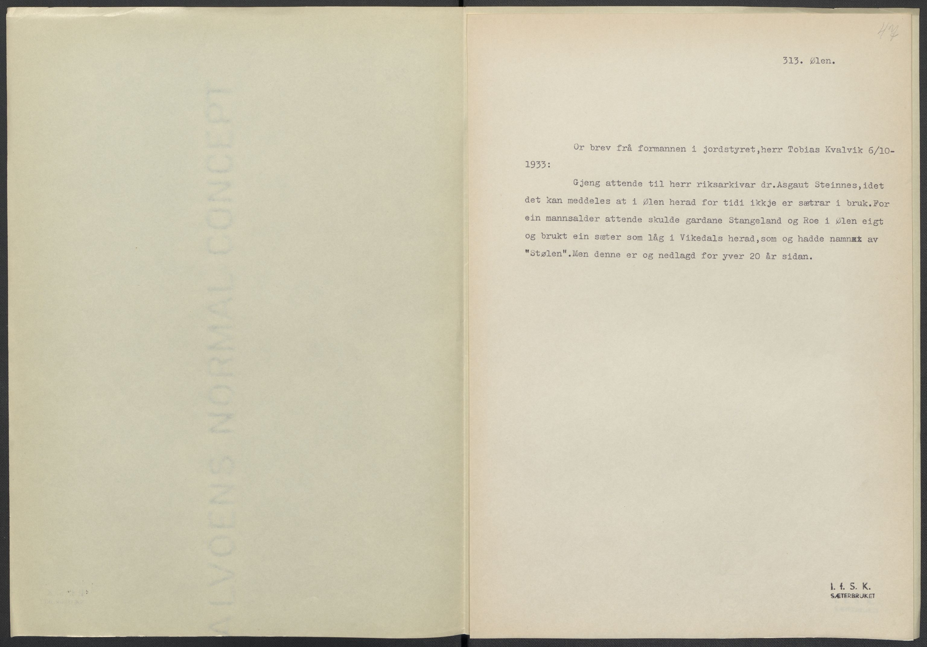Instituttet for sammenlignende kulturforskning, RA/PA-0424/F/Fc/L0009/0003: Eske B9: / Hordaland (perm XXIV), 1933-1938, s. 47