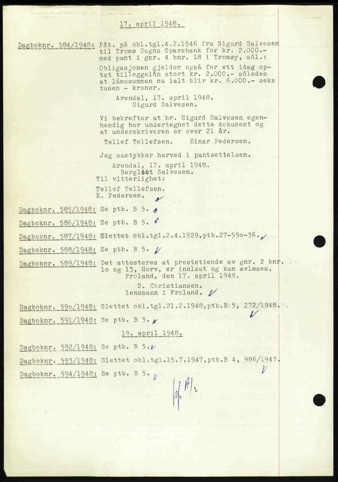 Nedenes sorenskriveri, SAK/1221-0006/G/Gb/Gba/L0059: Pantebok nr. A11, 1948-1948, Dagboknr: 584/1948