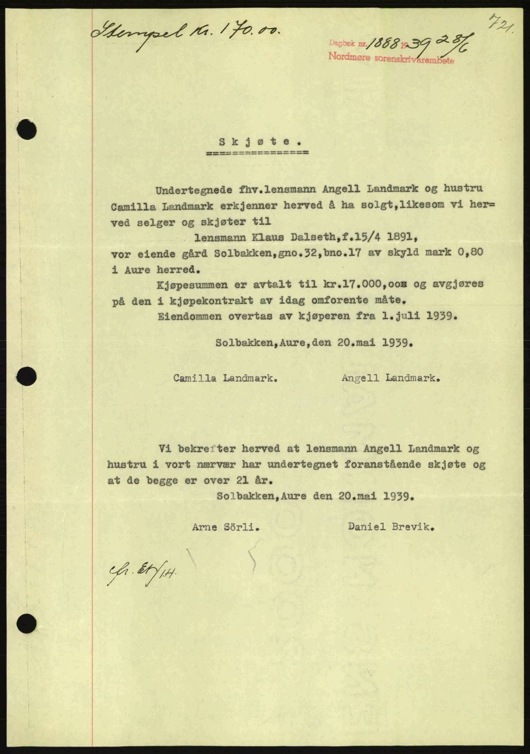 Nordmøre sorenskriveri, SAT/A-4132/1/2/2Ca: Pantebok nr. A86, 1939-1939, Dagboknr: 1888/1939