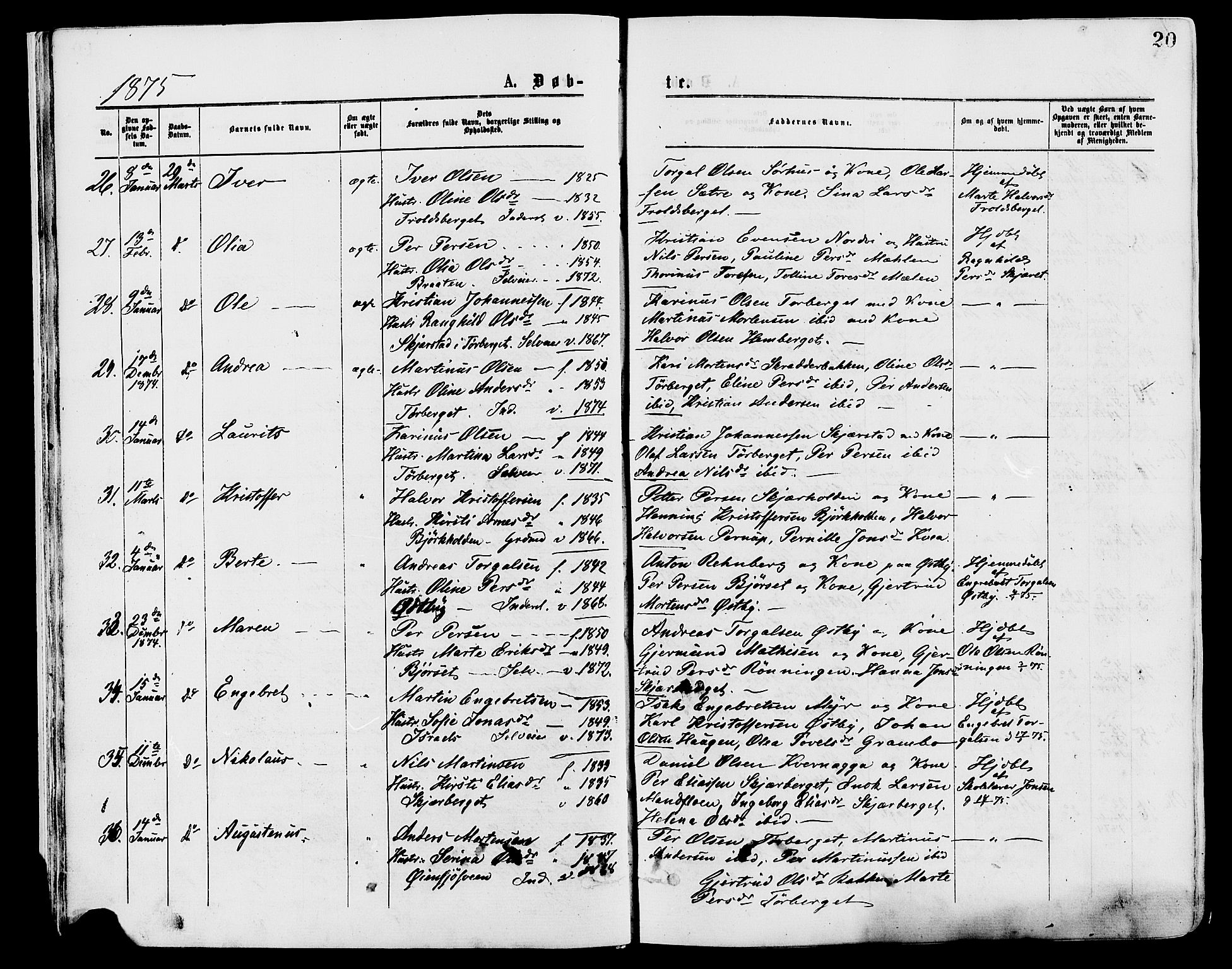 Trysil prestekontor, AV/SAH-PREST-046/H/Ha/Haa/L0007: Ministerialbok nr. 7, 1874-1880, s. 20