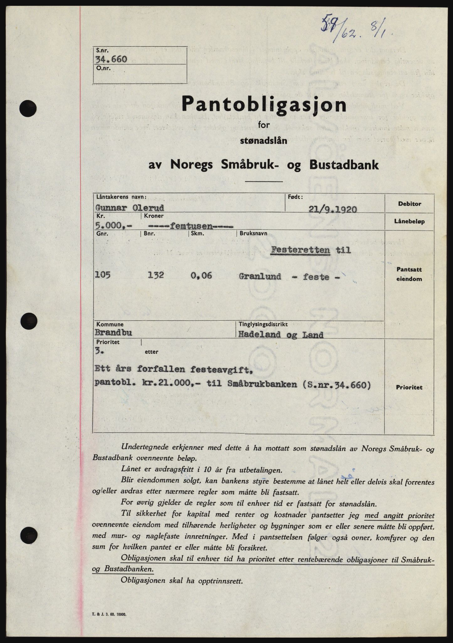 Hadeland og Land tingrett, SAH/TING-010/H/Hb/Hbc/L0047: Pantebok nr. B47, 1961-1962, Dagboknr: 59/1962