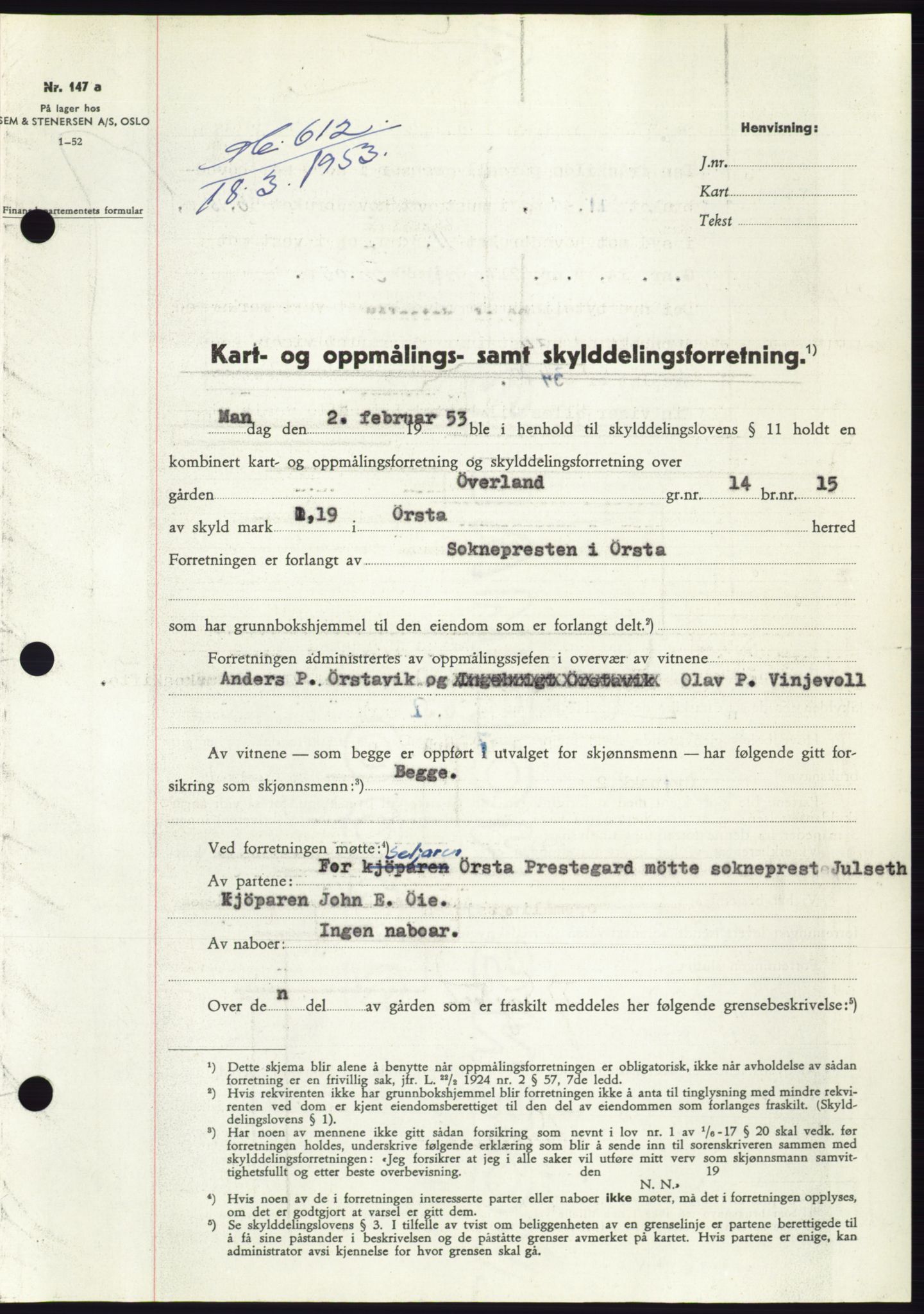 Søre Sunnmøre sorenskriveri, SAT/A-4122/1/2/2C/L0094: Pantebok nr. 20A, 1953-1953, Dagboknr: 612/1953