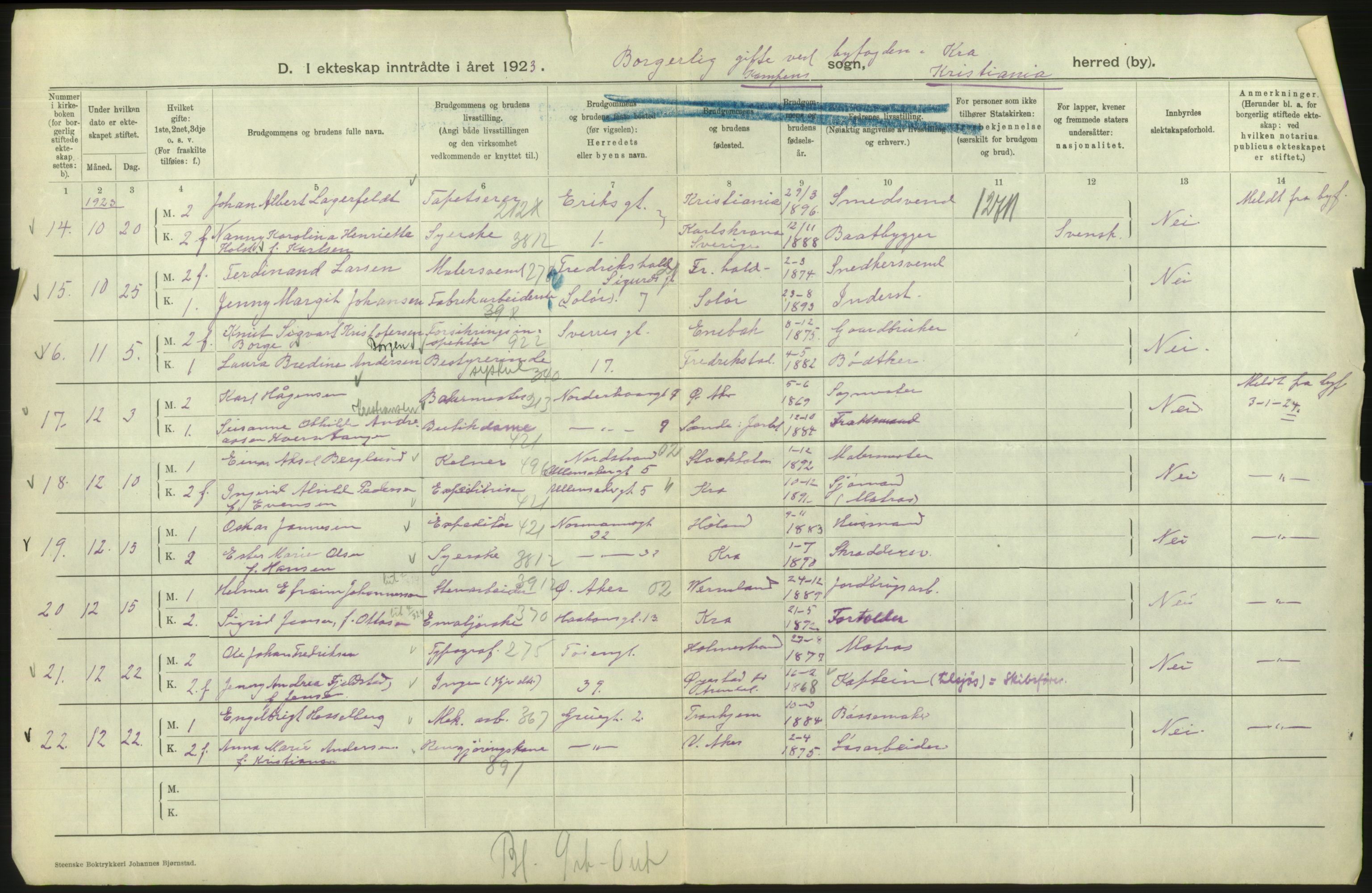 Statistisk sentralbyrå, Sosiodemografiske emner, Befolkning, AV/RA-S-2228/D/Df/Dfc/Dfcc/L0008: Kristiania: Gifte, 1923, s. 690