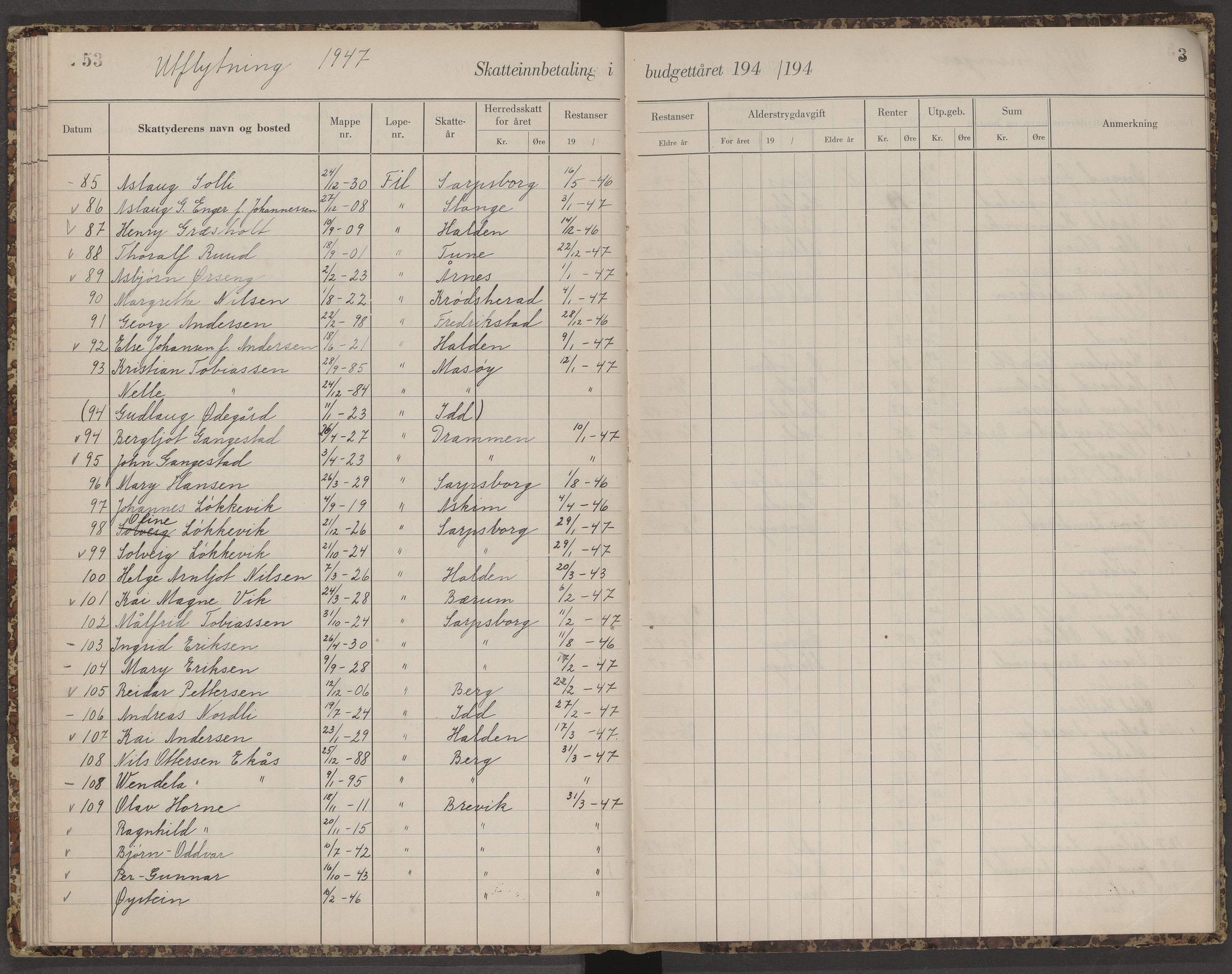 Skjeberg folkeregister, AV/SAO-A-10495/K/Ka/L0003: Fortegnelse over inn- og utflyttede, 1943-1947, s. 53