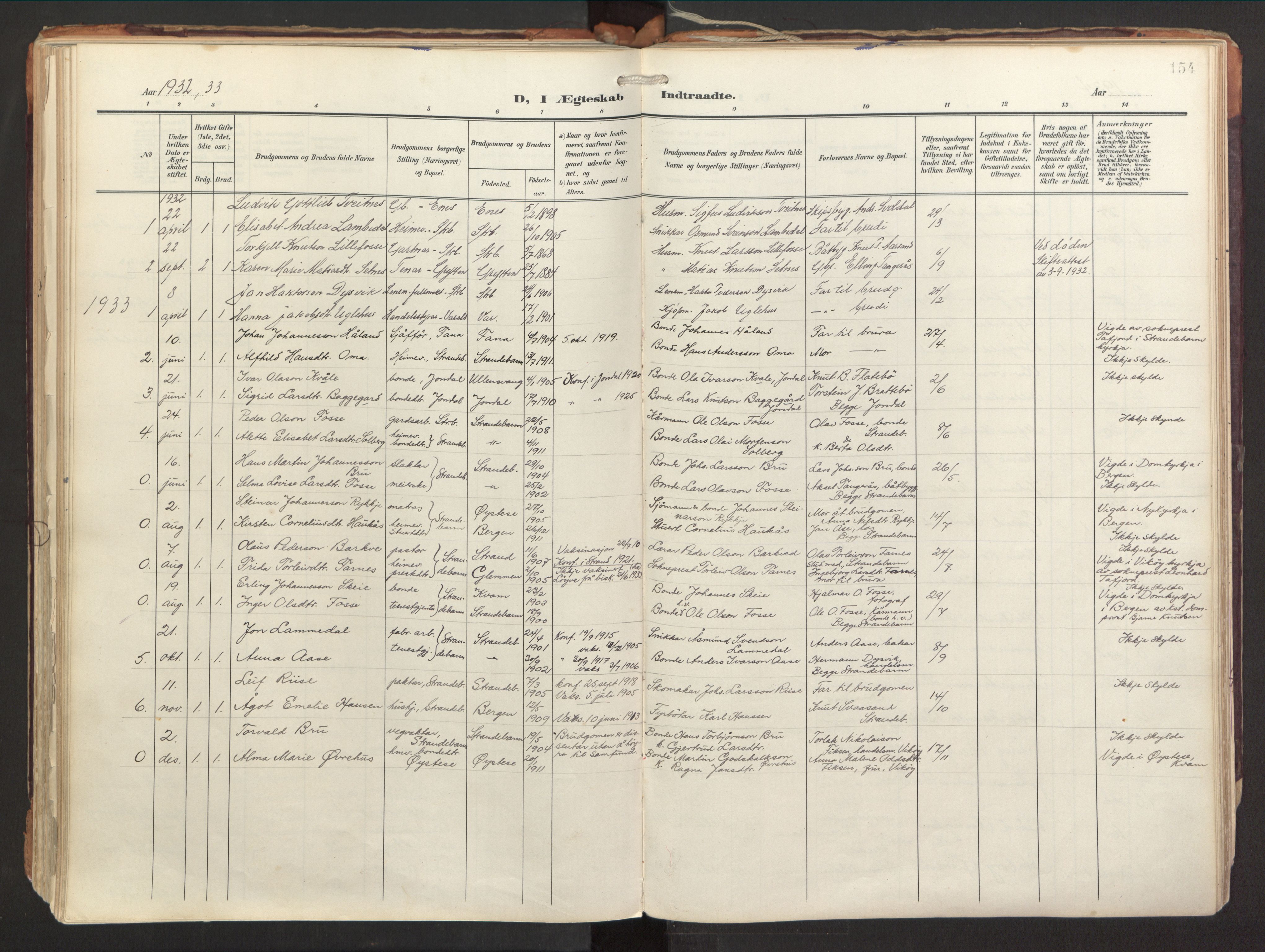 Strandebarm sokneprestembete, SAB/A-78401/H/Haa: Ministerialbok nr. B 2, 1909-1941, s. 154