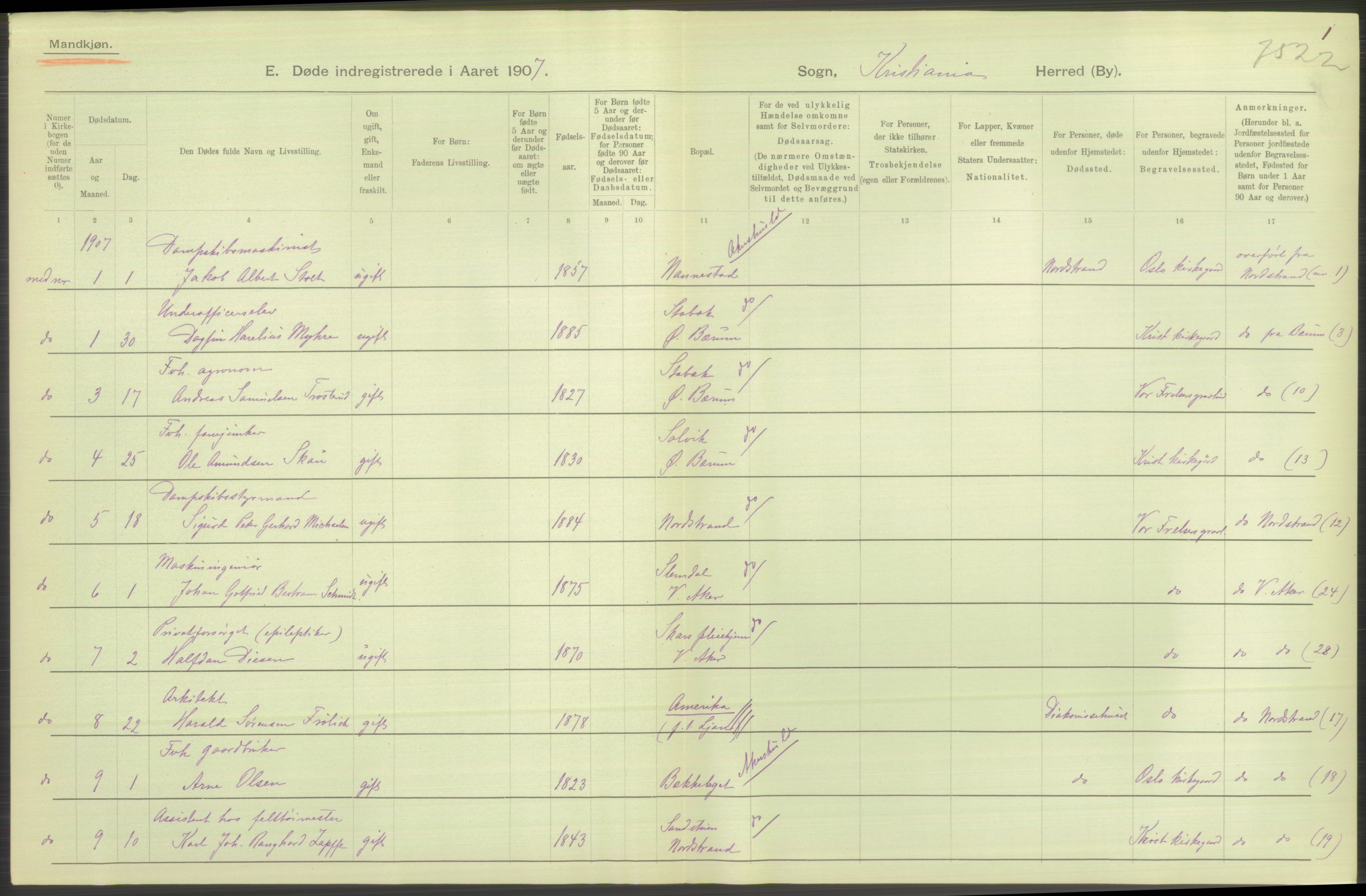 Statistisk sentralbyrå, Sosiodemografiske emner, Befolkning, AV/RA-S-2228/D/Df/Dfa/Dfae/L0009: Kristiania: Døde, 1907, s. 120