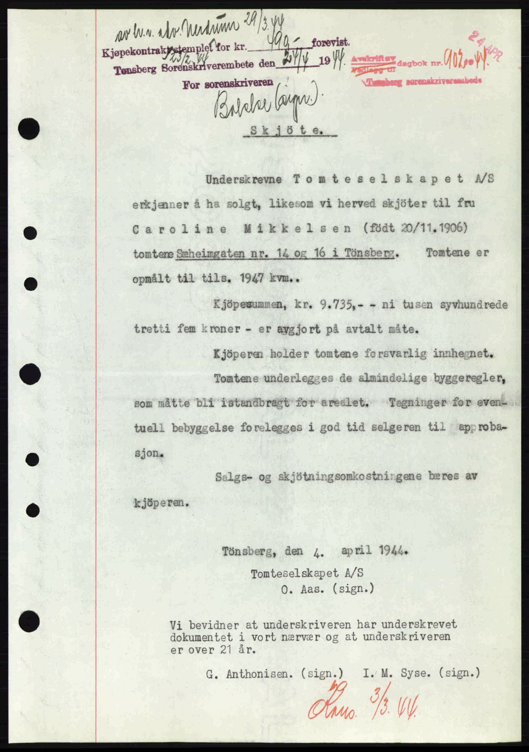 Tønsberg sorenskriveri, AV/SAKO-A-130/G/Ga/Gaa/L0015: Pantebok nr. A15, 1944-1944, Dagboknr: 902/1944