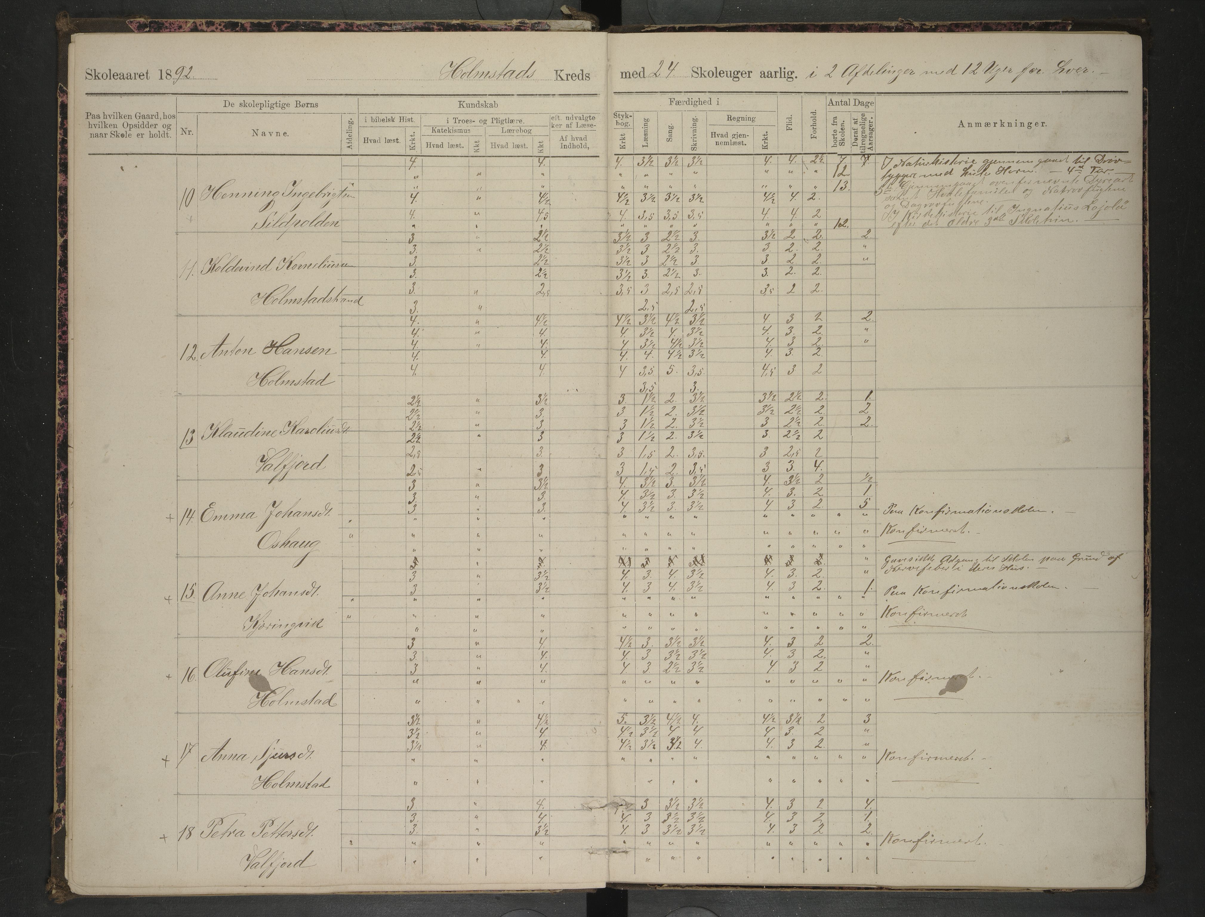 Hadsel kommune. Holmstad og Storvik skolekrets, AIN/K-18660.510.44/F/L0001: Skoleprotokoll Holmstad og Storvik, 1892-1898