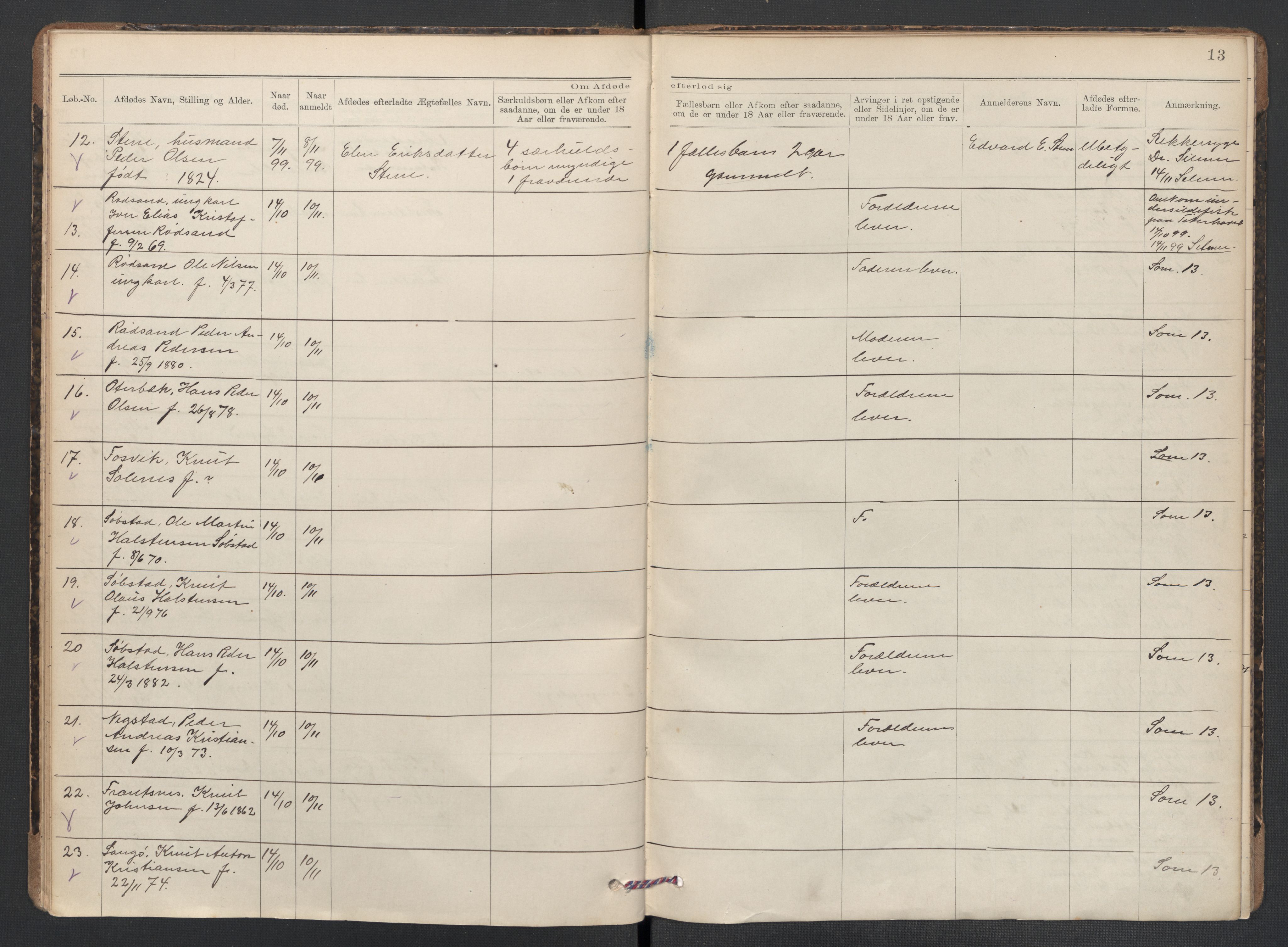 Kvernes lensmannskontor, AV/SAT-A-5876/1/2/L0036: Dødsfallsprotokoll, 1898-1903, s. 13