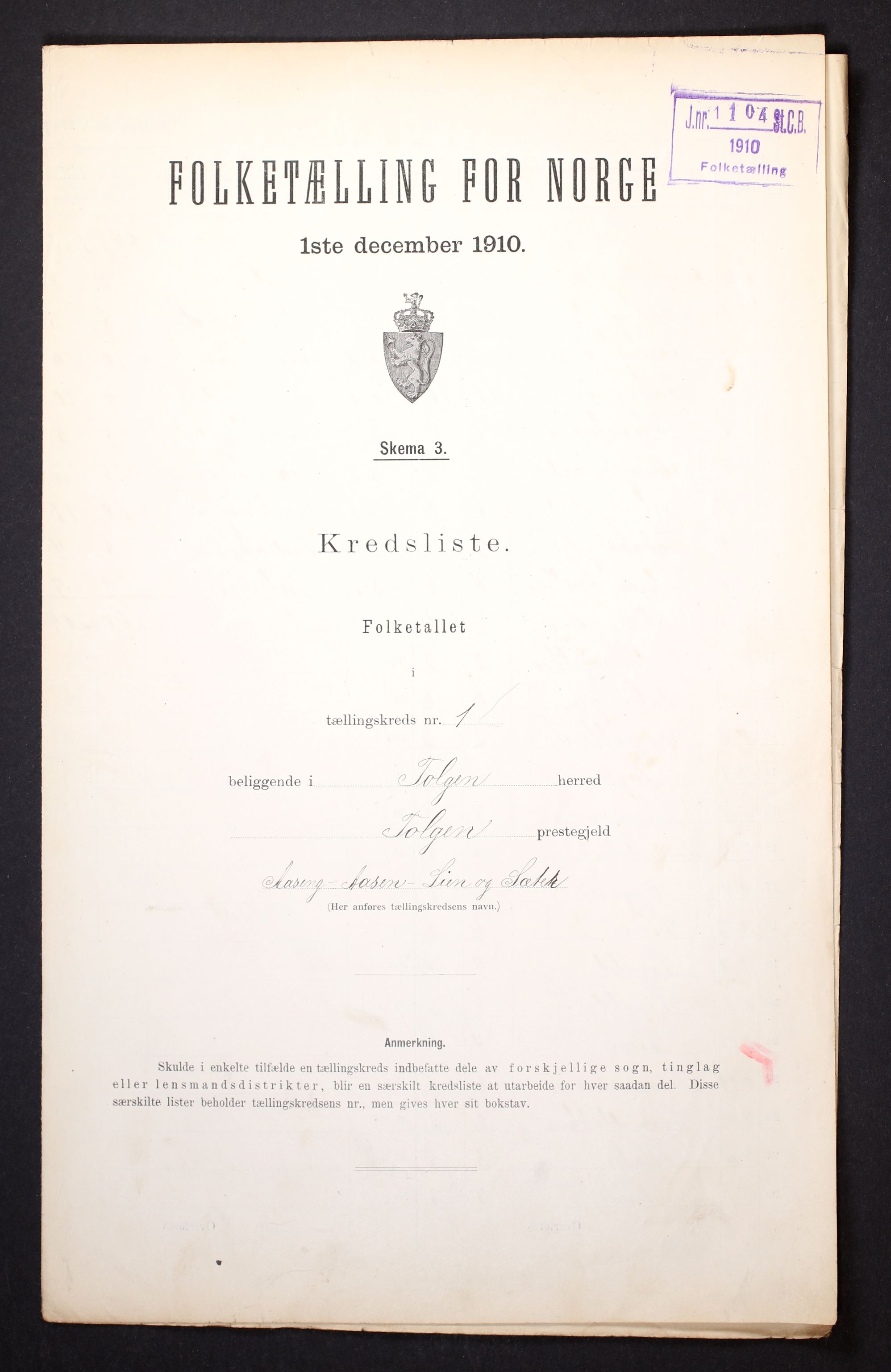 RA, Folketelling 1910 for 0436 Tolga herred, 1910, s. 6