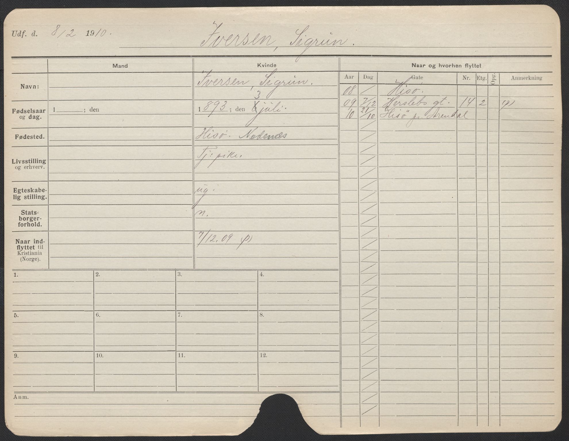 Oslo folkeregister, Registerkort, SAO/A-11715/F/Fa/Fac/L0017: Kvinner, 1906-1914, s. 126a