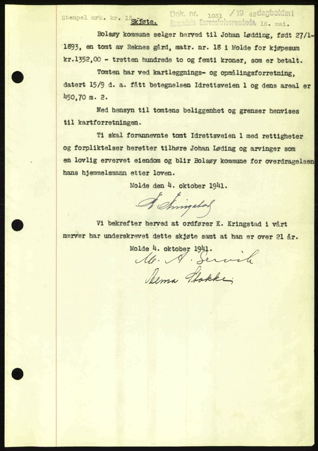 Romsdal sorenskriveri, SAT/A-4149/1/2/2C: Pantebok nr. A12, 1942-1942, Dagboknr: 1031/1942