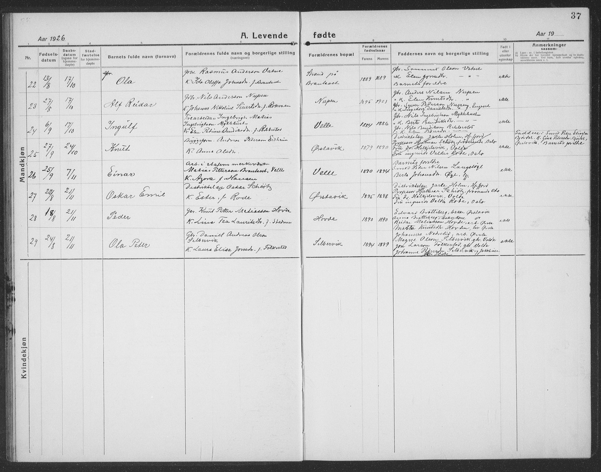 Ministerialprotokoller, klokkerbøker og fødselsregistre - Møre og Romsdal, SAT/A-1454/513/L0191: Klokkerbok nr. 513C05, 1920-1941, s. 37
