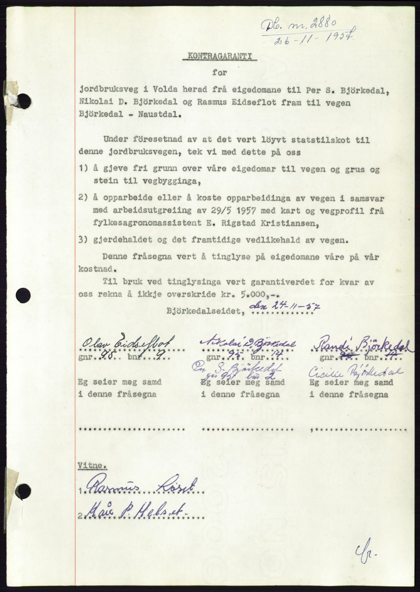Søre Sunnmøre sorenskriveri, AV/SAT-A-4122/1/2/2C/L0108: Pantebok nr. 34A, 1957-1958, Dagboknr: 2880/1957