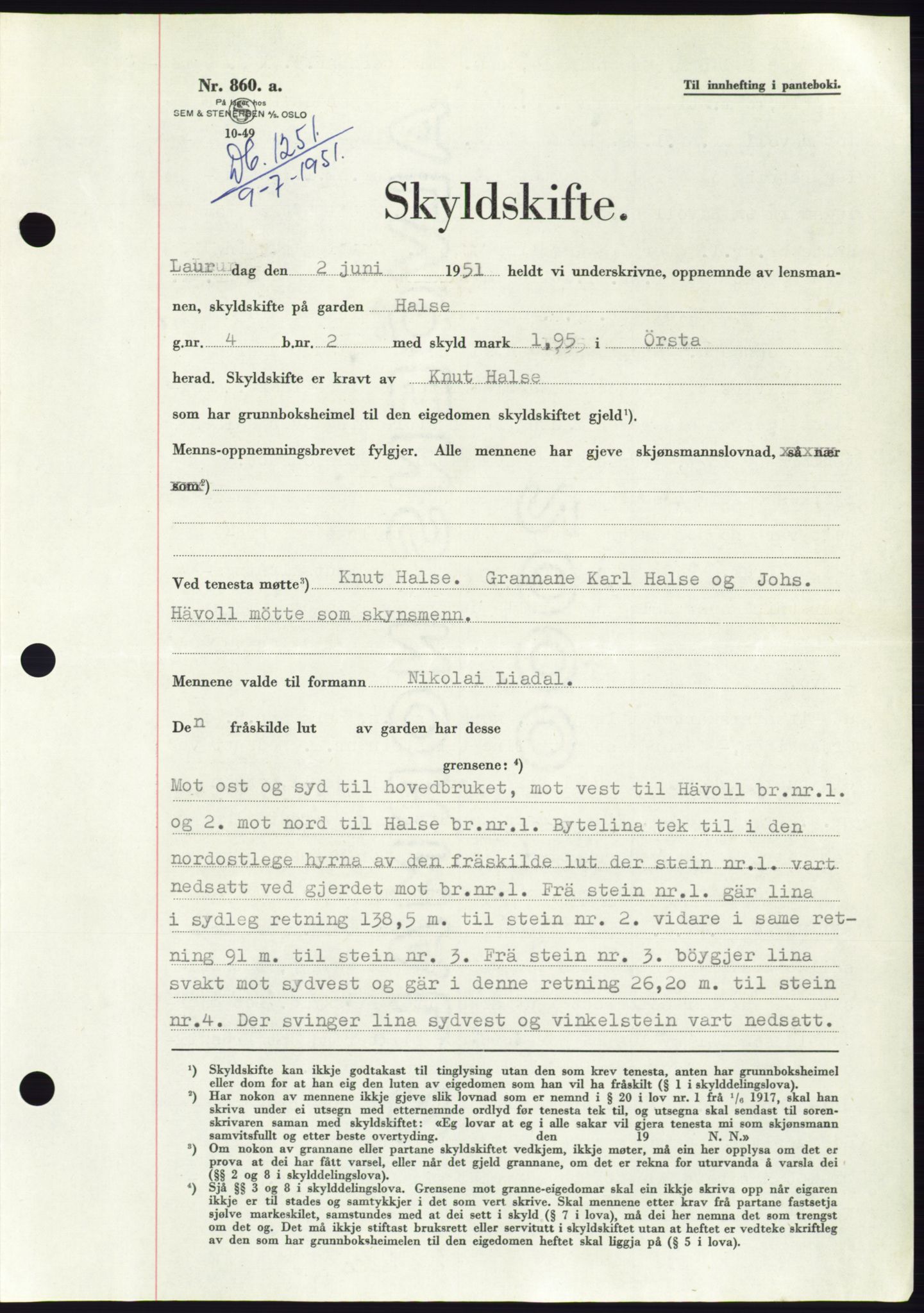 Søre Sunnmøre sorenskriveri, SAT/A-4122/1/2/2C/L0089: Pantebok nr. 15A, 1951-1951, Dagboknr: 1251/1951